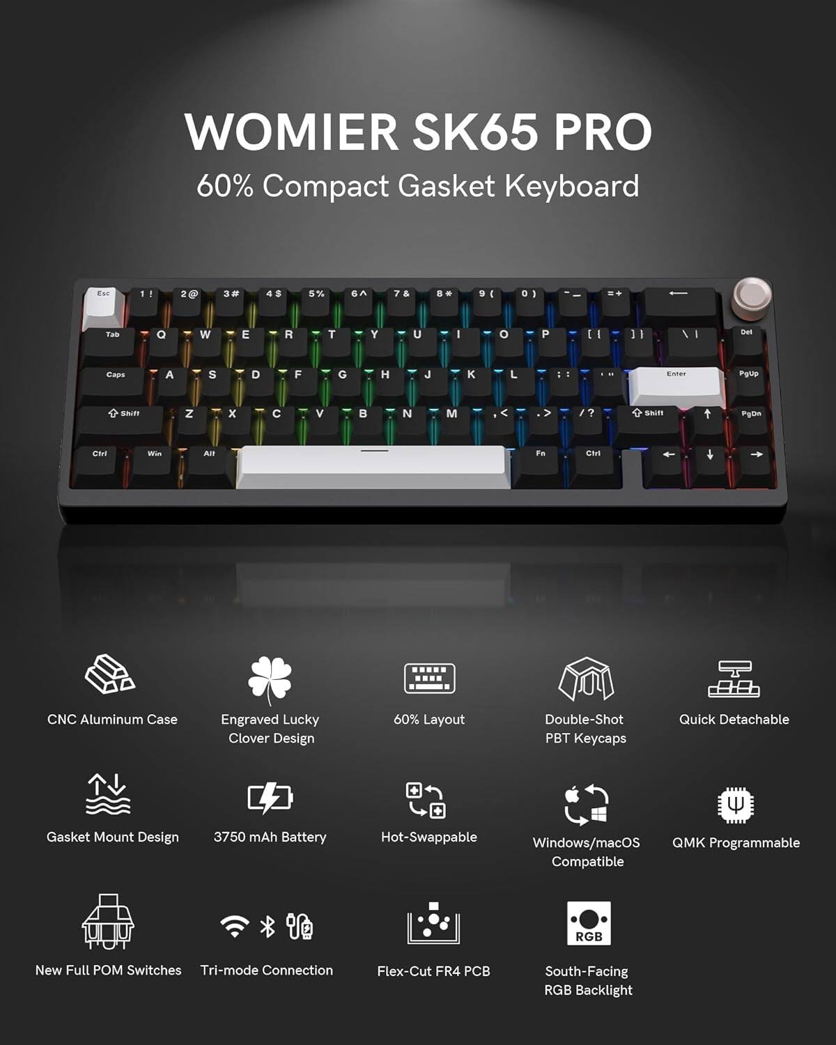 Womier SK65 Wireless 60% Mechanical Gaming Keyboard with Knob, QMK