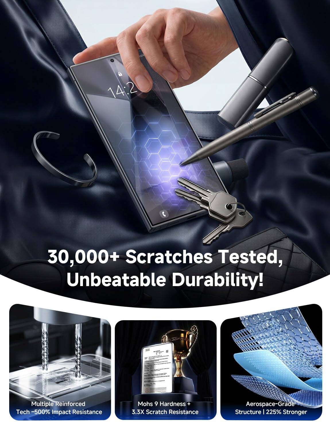 14:2

30,000+ Scratches Tested, Unbeatable Durability!

Multiple Reinforced Tech - 500% Impact Resistance

Mohs 9 Hardness + 3.3X Scratch Resistance

Aerospace-Grade Structure | 225% Stronger