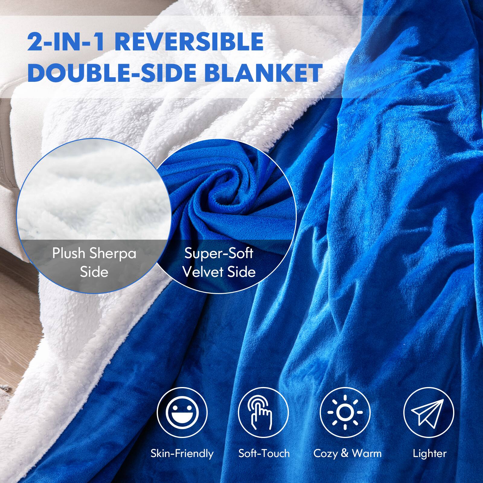 2-IN-1 REVERSIBLE DOUBLE-SIDE BLANKET: Plush Sherpa Side, Super-Soft Velvet Side, Skin-Friendly Soft-Touch, Cozy & Warm, Cozy & Warm, Lighter