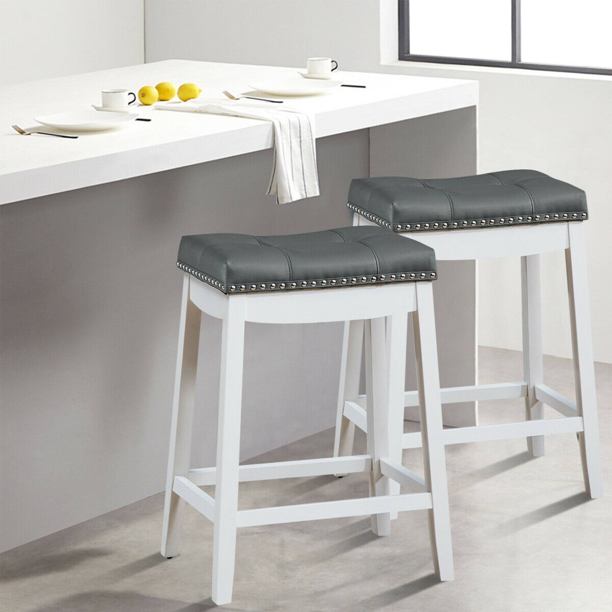 Alt View 3. Gymax - Gymax Set of 2 Nailhead Saddle Bar Stools 24'' Counter Stools White with Grey Cushion - as pic.
