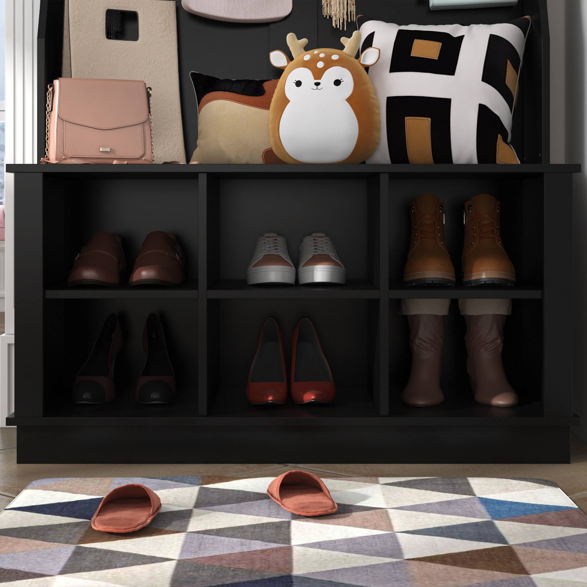 Alt View 4. FUFU & GAGA - Entryway Hall Tree with Coat Rack Shoe Cabinet and Bench，Modern Entryway Organizer with Hooks and Storage Shelves - Black.
