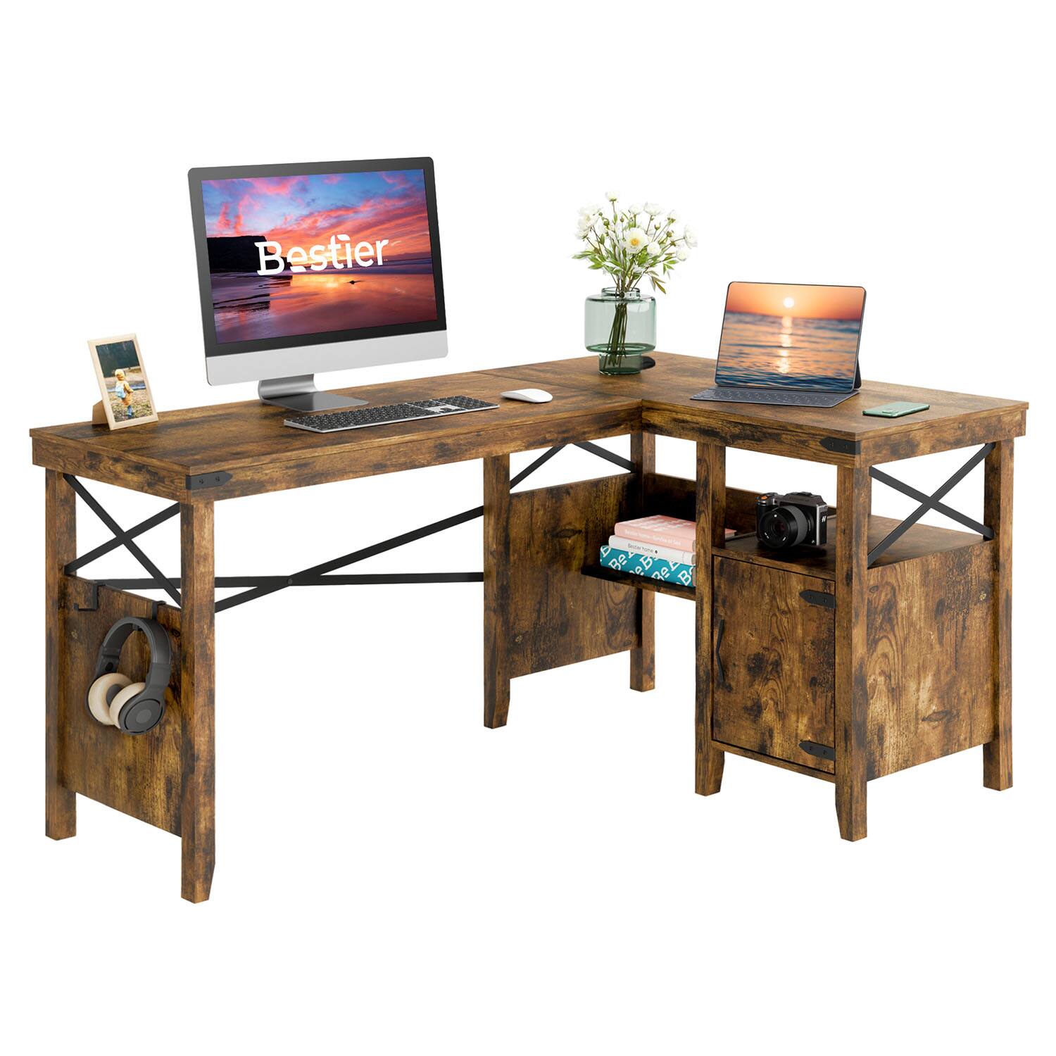 Alt View 11. Bestier - 60"Reversible Farmhouse L Shaped Desk with Storage Cabinet,Bookshelf & Headphone Hook,Rustic Home Office & Gaming Desk - Brown.