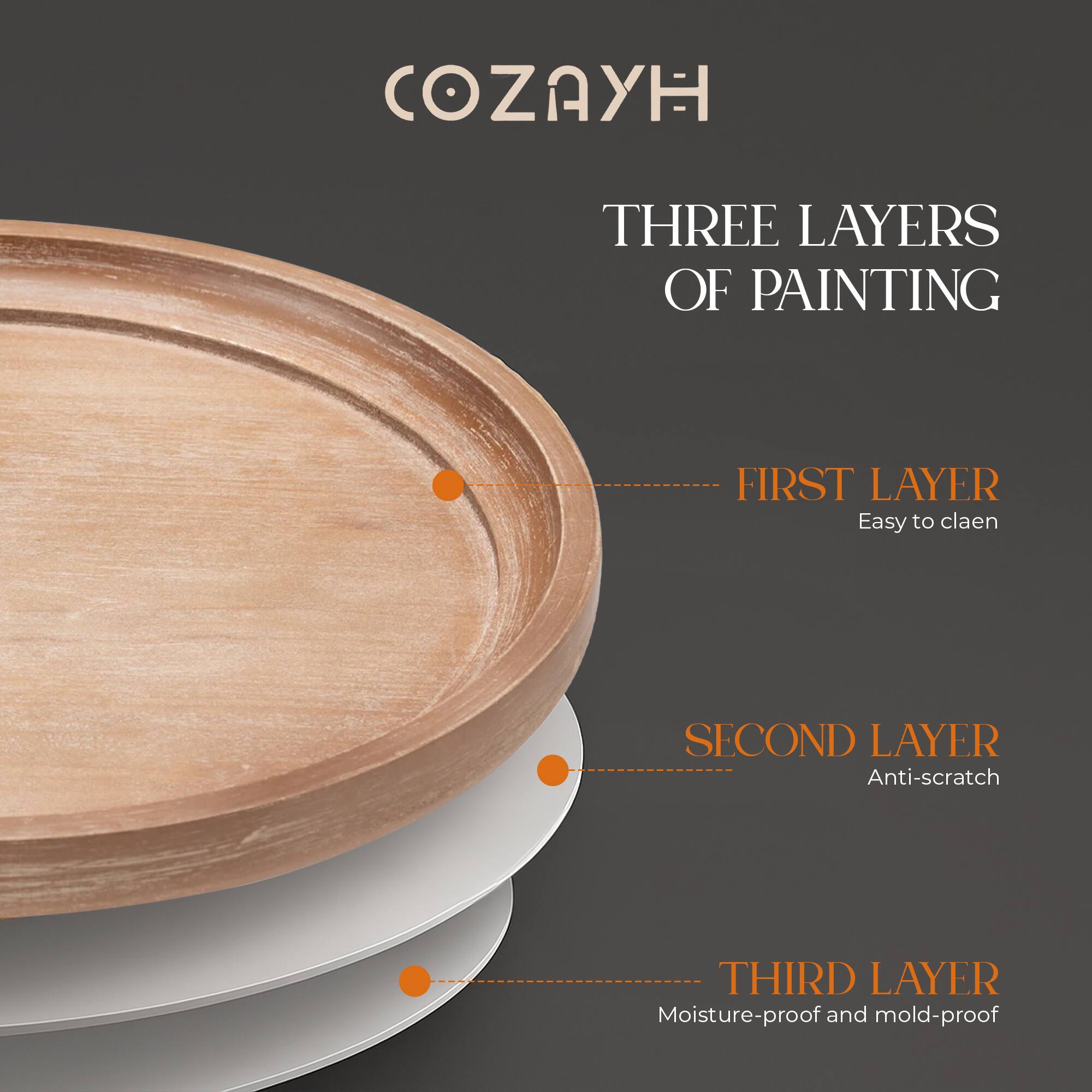 COZAYH

THREE LAYERS OF PAINTING

FIRST LAYER  
Easy to clean

SECOND LAYER  
Anti-scratch

THIRD LAYER  
Moisture-proof and mold-proof