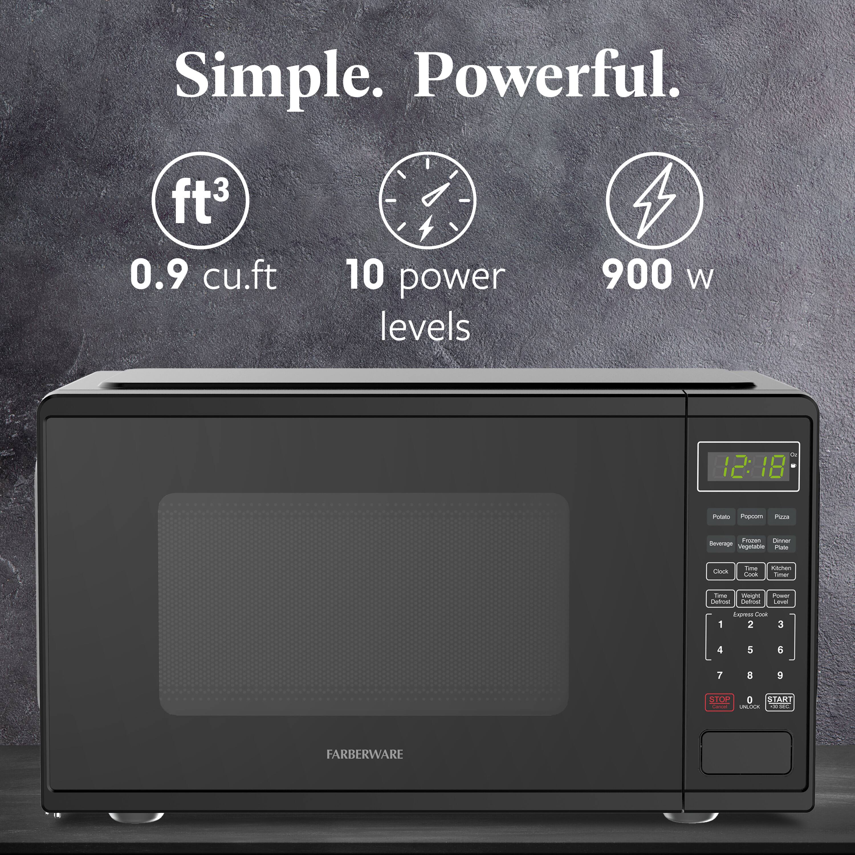 Simple. Powerful.

ft³ 0.9 cu.ft  
10 power levels  
900 W

12:18

Potato  
Popcorn  
Pizza  
Beverage  
Vegetable  
Frozen  
Dinner  
Clock  
Time Cook  
Kitchen Timer  
Time Defrost  
Weight Defrost  
Power Level  
1  
2  
3  
4  
5  
6  
7  
8  
9  
0  
STOP  
START

FARBERWARE