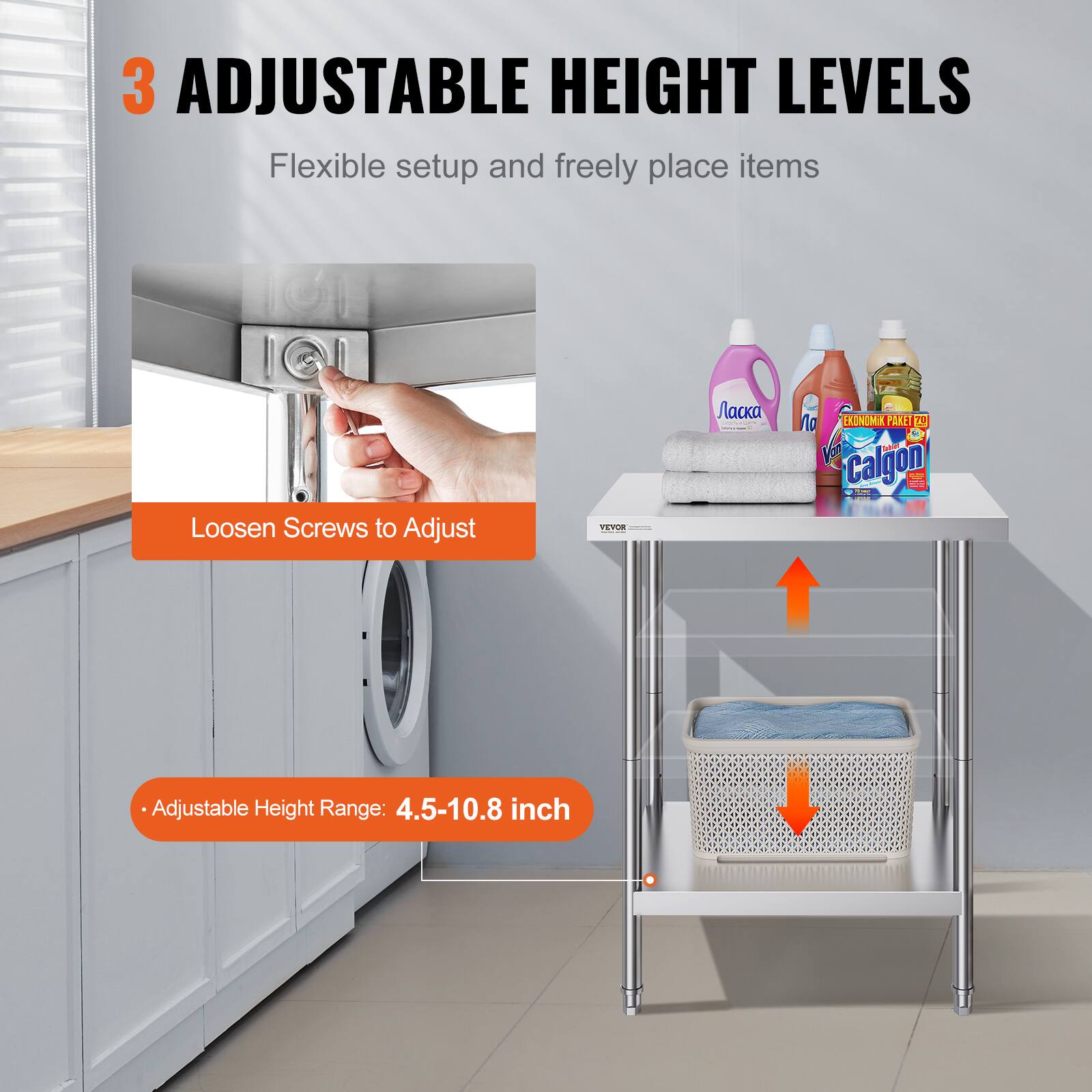 3 Adjustable Height Levels  
Flexible setup and freely place items  
Loosen Screws to Adjust  

- Adjustable Height Range: 4.5-10.8 inch