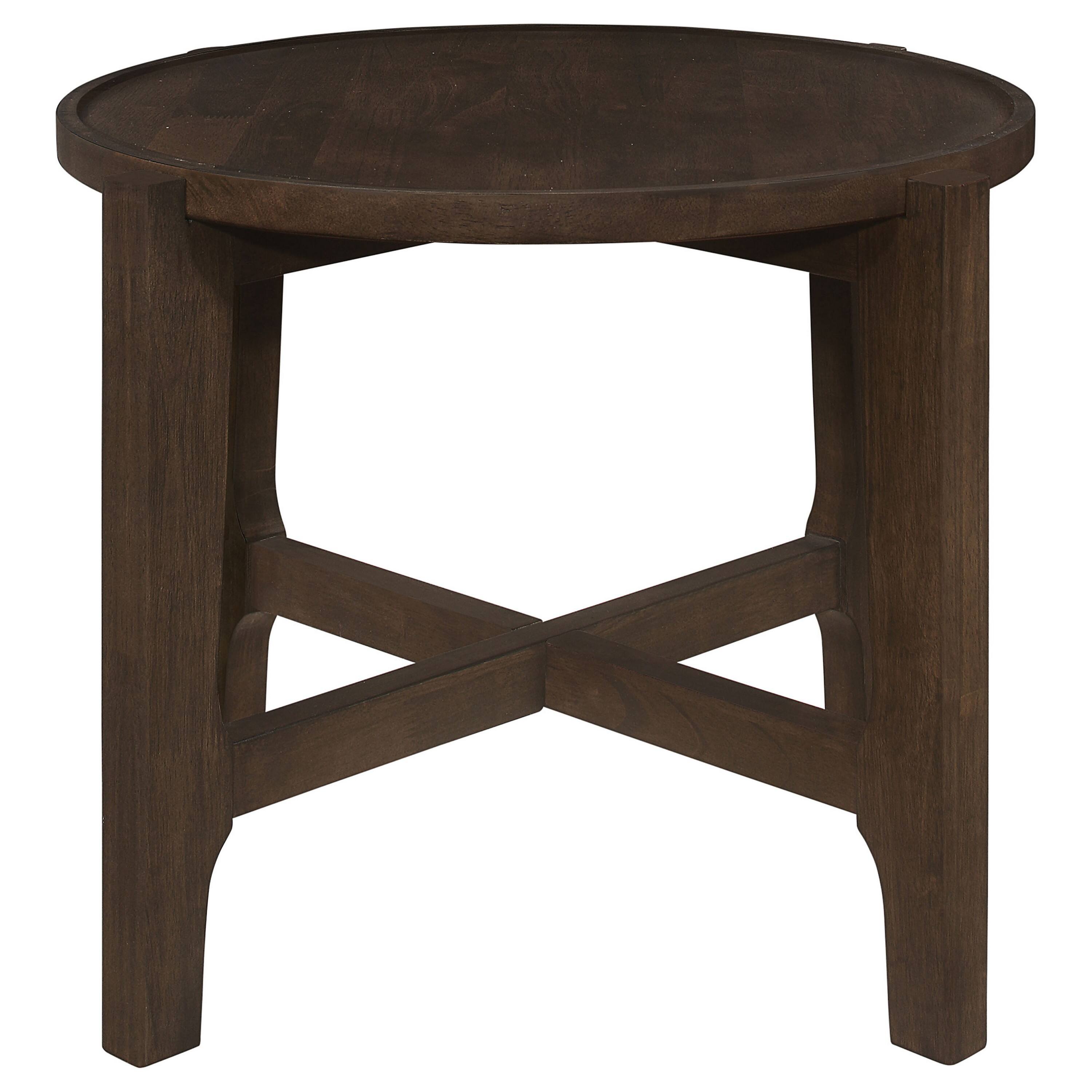 Left. Manhattan Lane - Katie End Table, Round 26 Inch Top, Solid Wood, Cross Beam Legs - Brown.