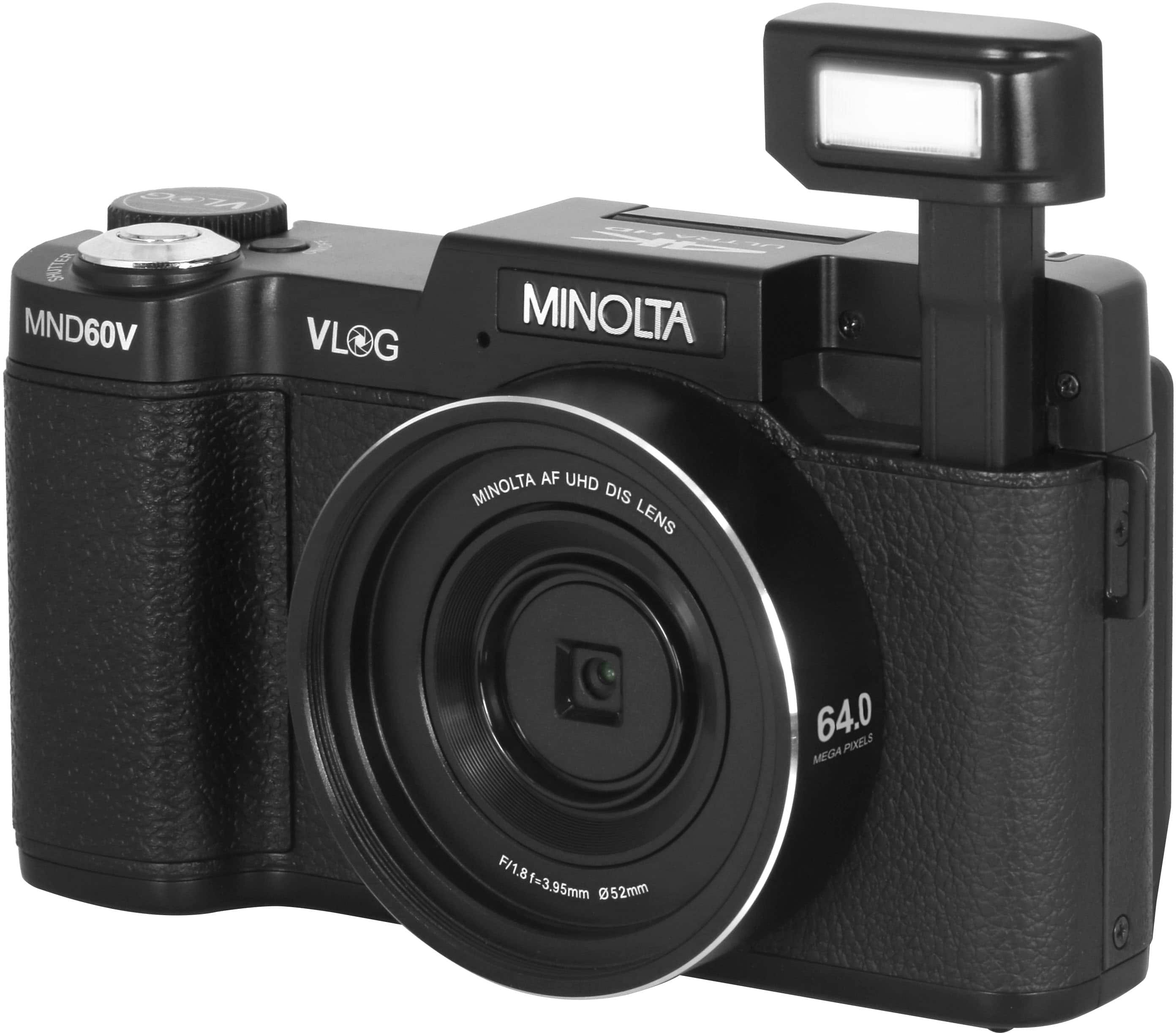 The image features a black Minolta camera with a black lens. The camera is equipped with a Minolta AF UHD lens, which has a focal length of 3.95mm and a maximum aperture of f/1.8. The camera is designed for VLOG use, making it suitable for capturing high-quality video content. The lens itself is 52mm in diameter, providing a wide field of view for capturing images and videos.