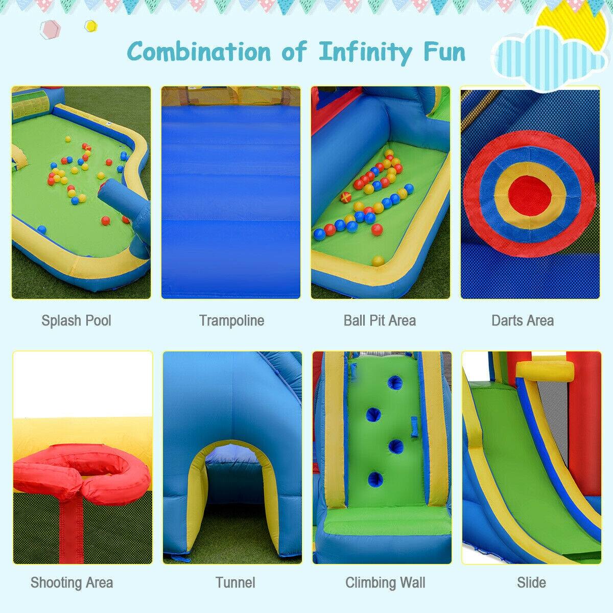 Combination of Infinity Fun

- Splash Pool
- Trampoline
- Ball Pit Area
- Darts Area
- Shooting Area
- Tunnel
- Climbing Wall
- Slide