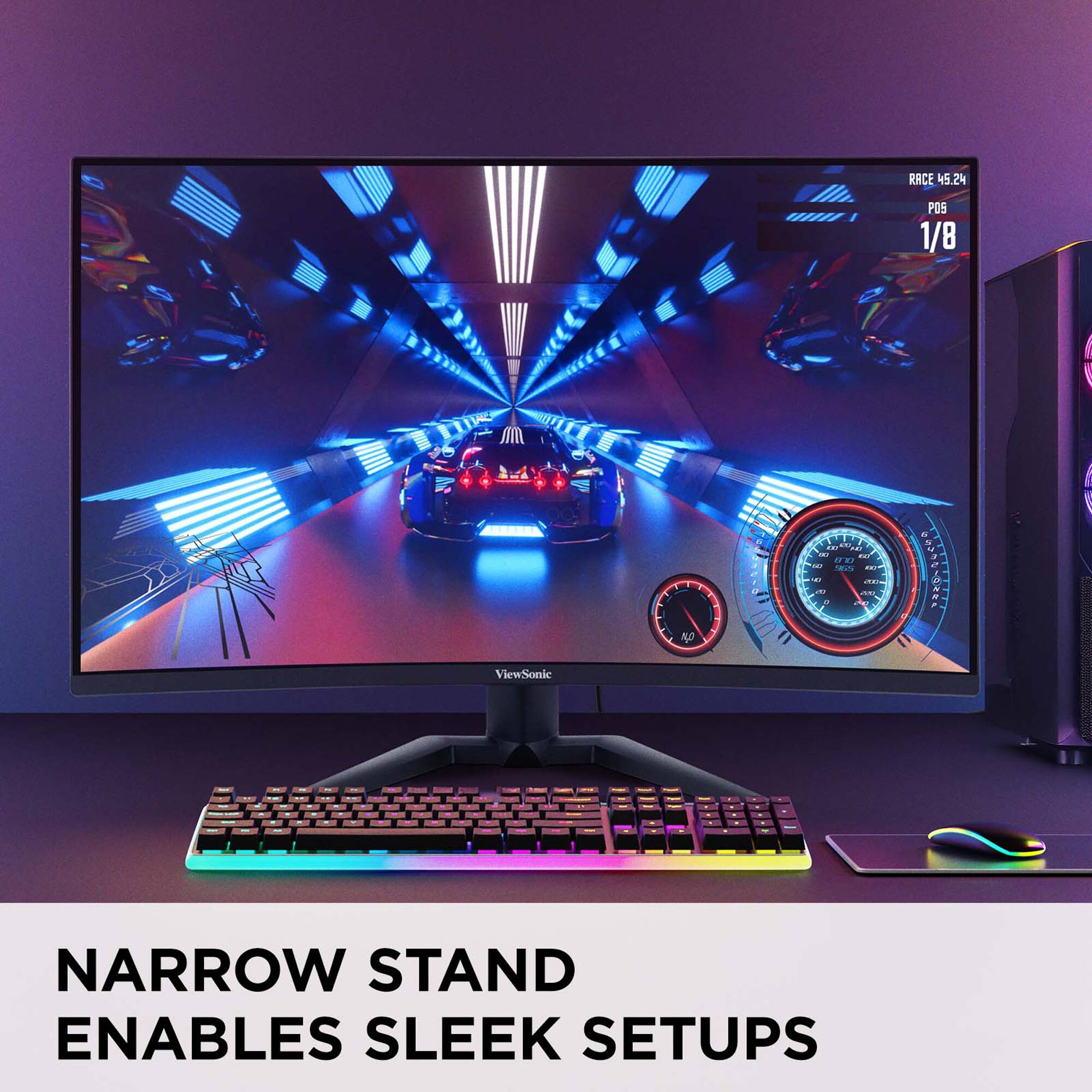 The text on the image states that the Narrow Stand enables sleek setups.