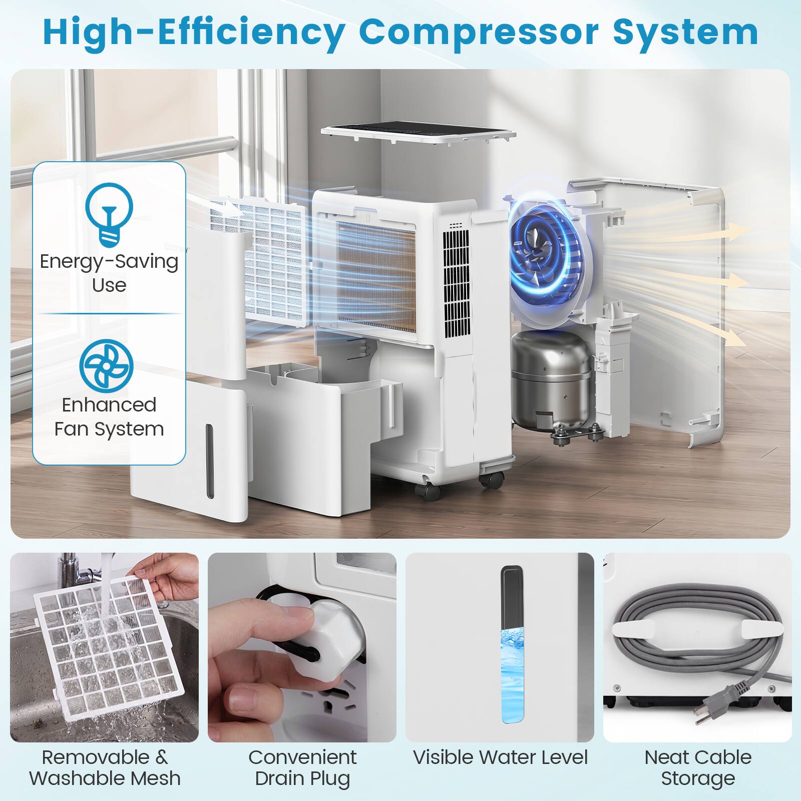 High-Efficiency Compressor System

- Energy-Saving Use
- Enhanced Fan System
- Removable & Washable Mesh
- Convenient Drain Plug
- Visible Water Level
- Neat Cable Storage