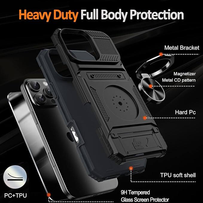 Heavy Duty Full Body Protection

- Metal Bracket
- Magnetizer
- Metal CD pattern
- Hard Pc
- TPU soft shell
- 9H Tempered Glass Screen Protector

PC+TPU