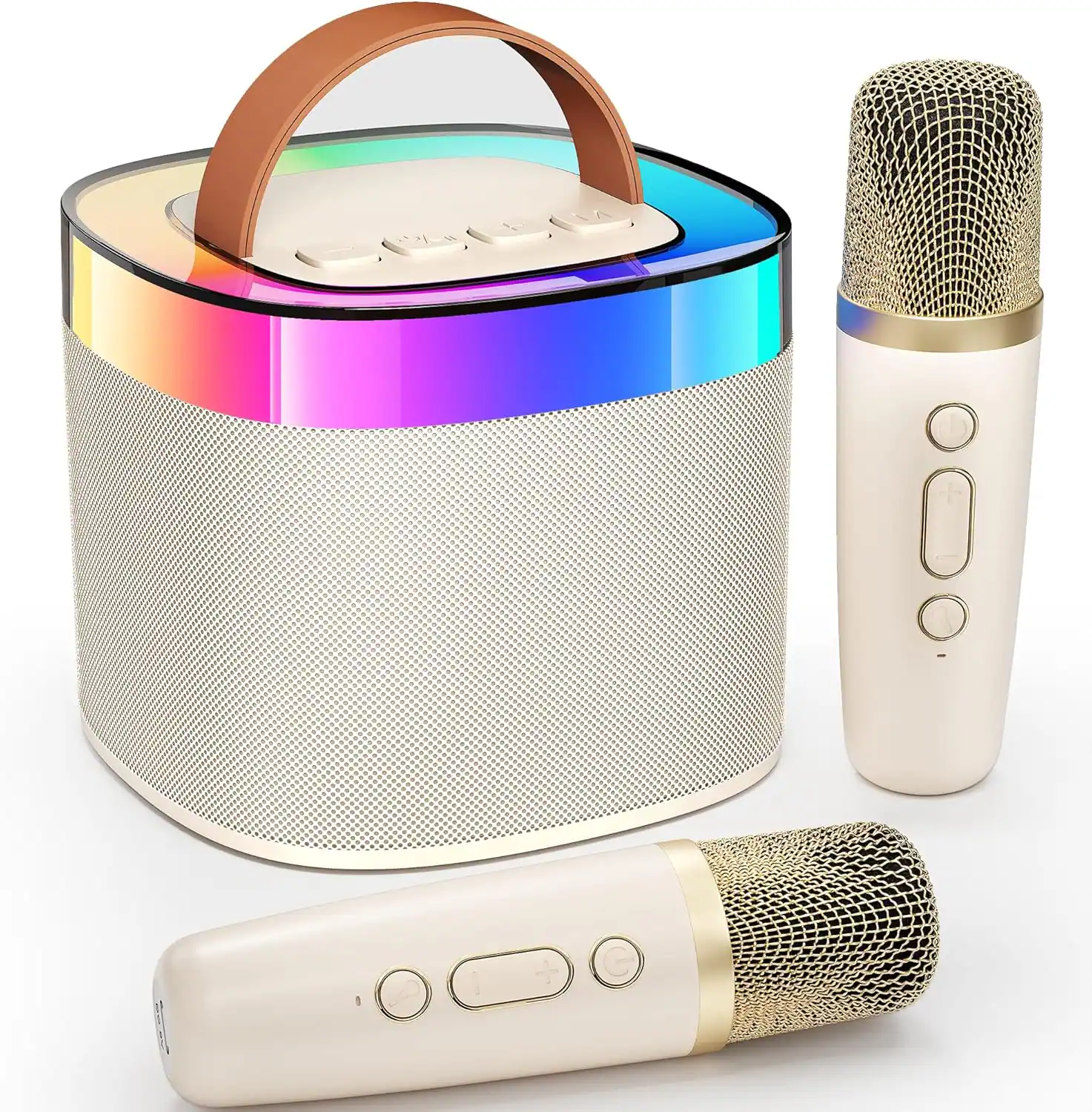 Stamp n Camp - Karaoke Machine for Adults Kids, Portable Bluetooth Karokee Speaker with 2 Wireless Microphones, Singing Built-in LED - Beige