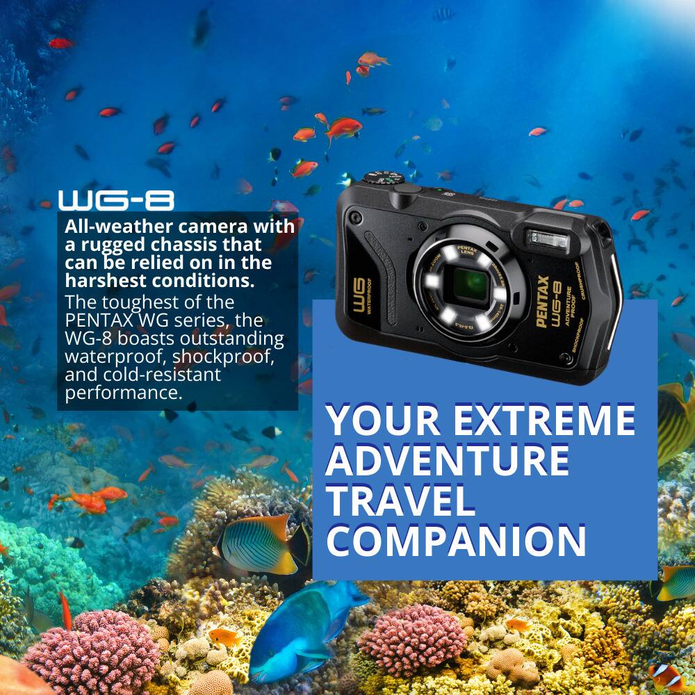 WG-8 All-weather camera with a rugged chassis that can be relied on in the harshest conditions. The toughest of the PENTAX WG series, the WG-8 boasts outstanding waterproof, shockproof, and cold-resistant performance. YOUR EXTREME ADVENTURE TRAVEL COMPANION