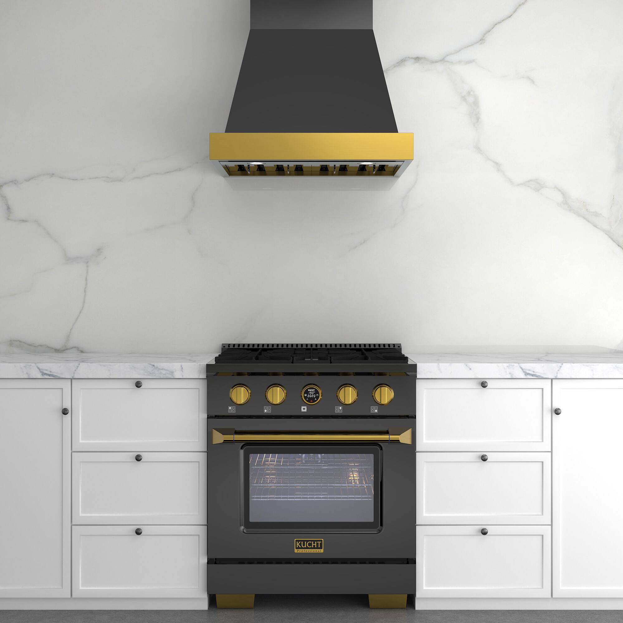 Alt View 4. Kucht - 30 in. 4.2 cu. ft. 4 Burners Dual Fuel Range for Propane Gas in Titanium Stainless Steel + Under Cabinet Range Hood - Gemstone with Gold accents.