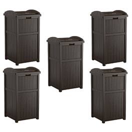Suncast - Hideaway Outdoor Patio 33 Gallon Garbage Waste Trashcan Bin, (5 Pack) - Java Brown