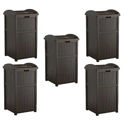 Front. Suncast - Suncast Hideaway Outdoor Patio 33 Gallon Garbage Waste Trashcan Bin, (5 Pack) - Java Brown.