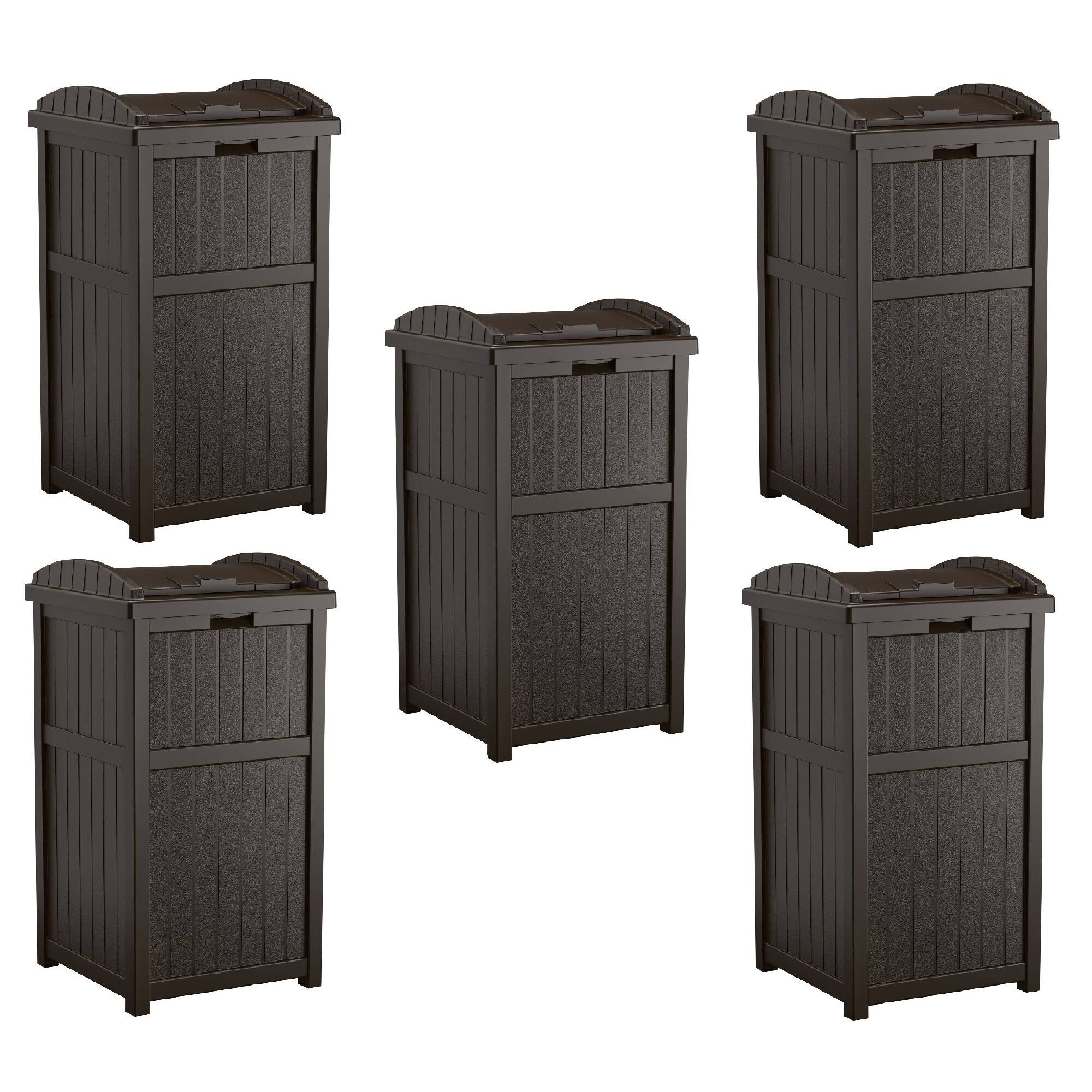 Front. Suncast - Suncast Hideaway Outdoor Patio 33 Gallon Garbage Waste Trashcan Bin, (5 Pack) - Java Brown.