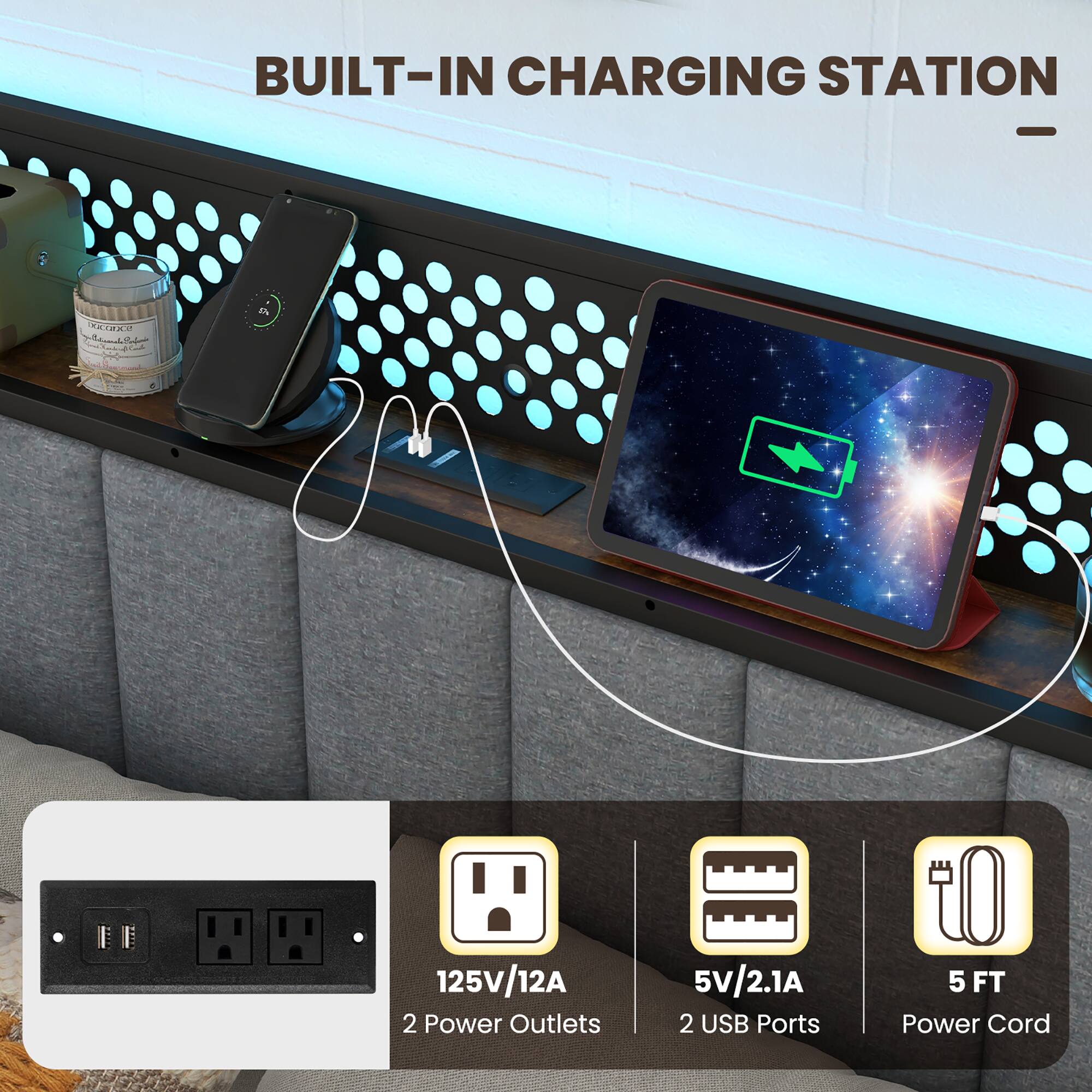 BUILT-IN CHARGING STATION - 125V/12A 2 Power Outlets 5V/2.1A 2 USB Ports 5 FT Power Cord