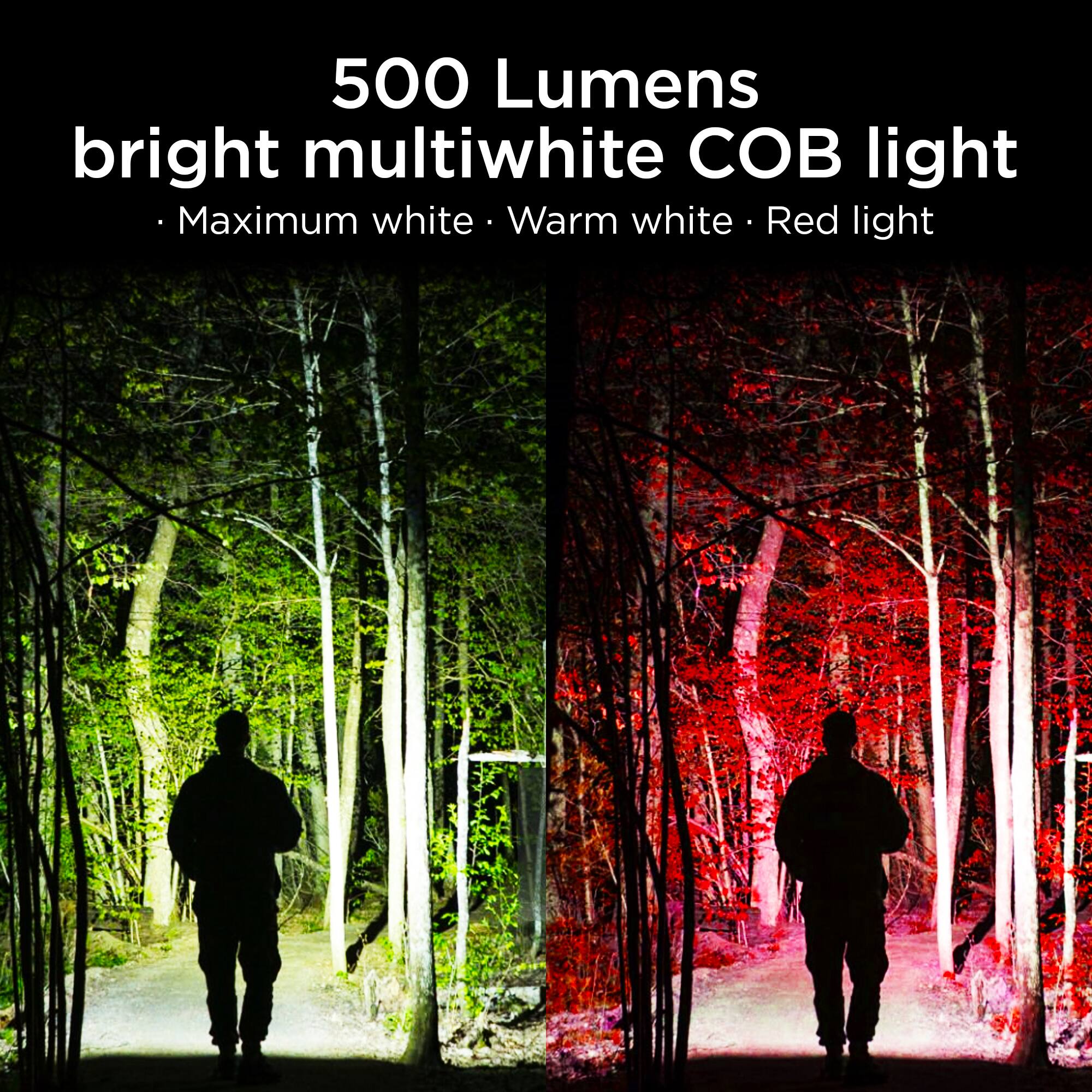 500 Lumens bright multiwhite COB light  
- Maximum white  
- Warm white  
- Red light