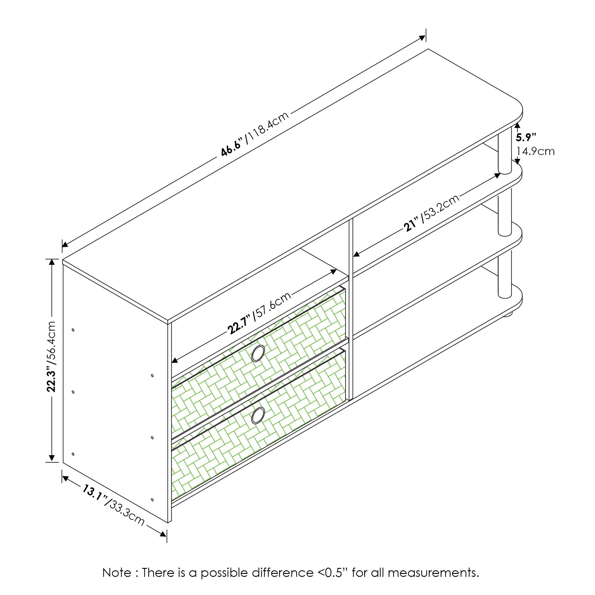 46.6" / 118.4cm  
21" / 53.2cm  
5.9" / 14.9cm  
22.3" / 56.4cm  
13.1" / 33.3cm  

Note: There is a possible difference <0.5" for all measurements.