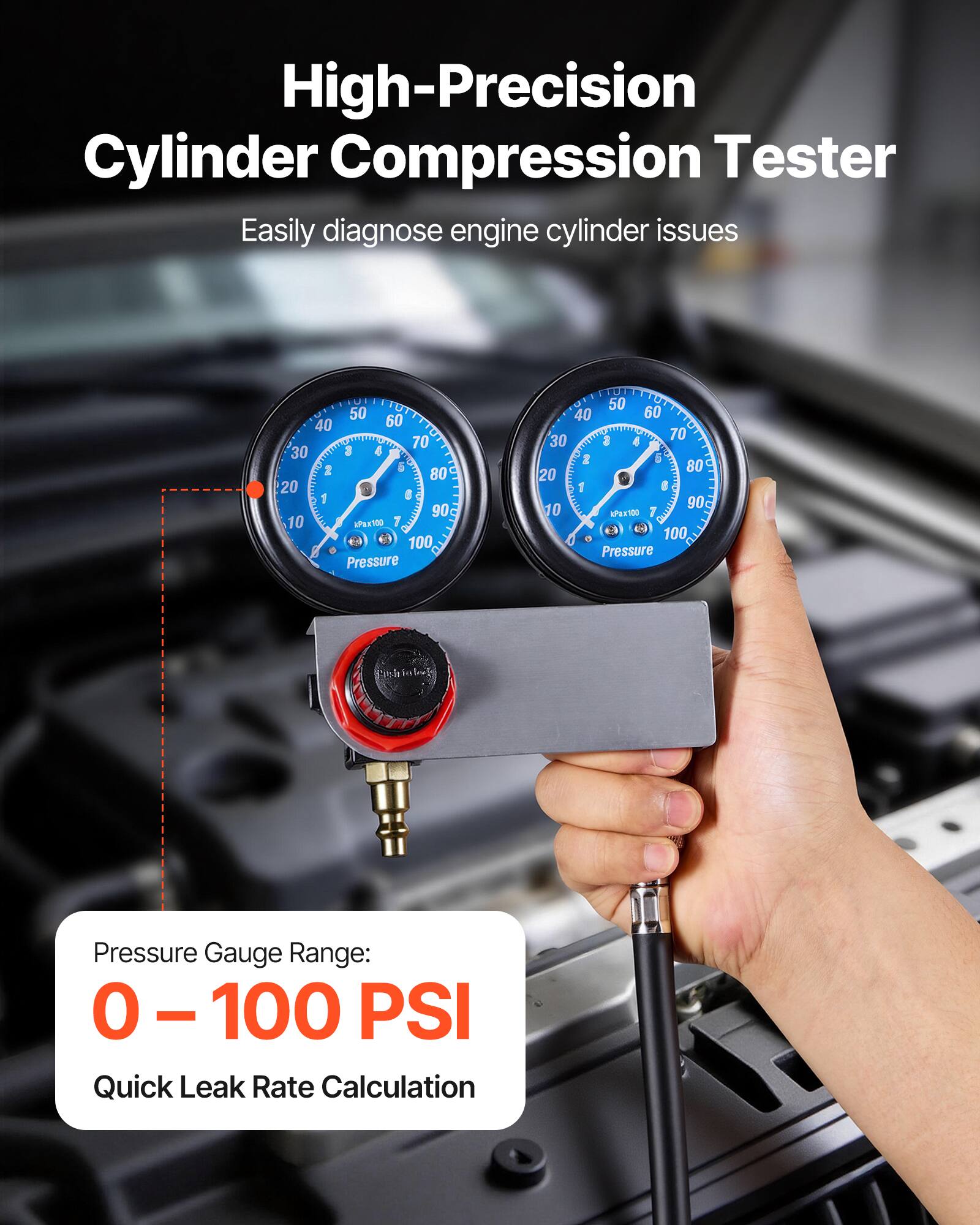 High-Precision Cylinder Compression Tester  
Easily diagnose engine cylinder issues  

Pressure Gauge Range: 0 – 100 PSI  
Quick Leak Rate Calculation