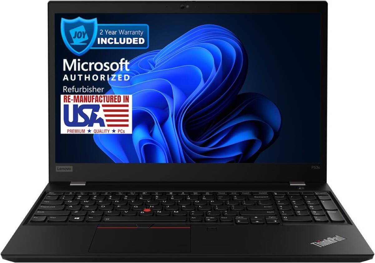 Sure, here is the corrected and grouped text from the image:

---

**JOY**  
2 Year Warranty INCLUDED

**Microsoft AUTHORIZED Refurbisher**  
RE-MANUFACTURED IN USA

**PREMIUM QUALITY PCs**

Lenovo P53s

---

**ThinkPad**