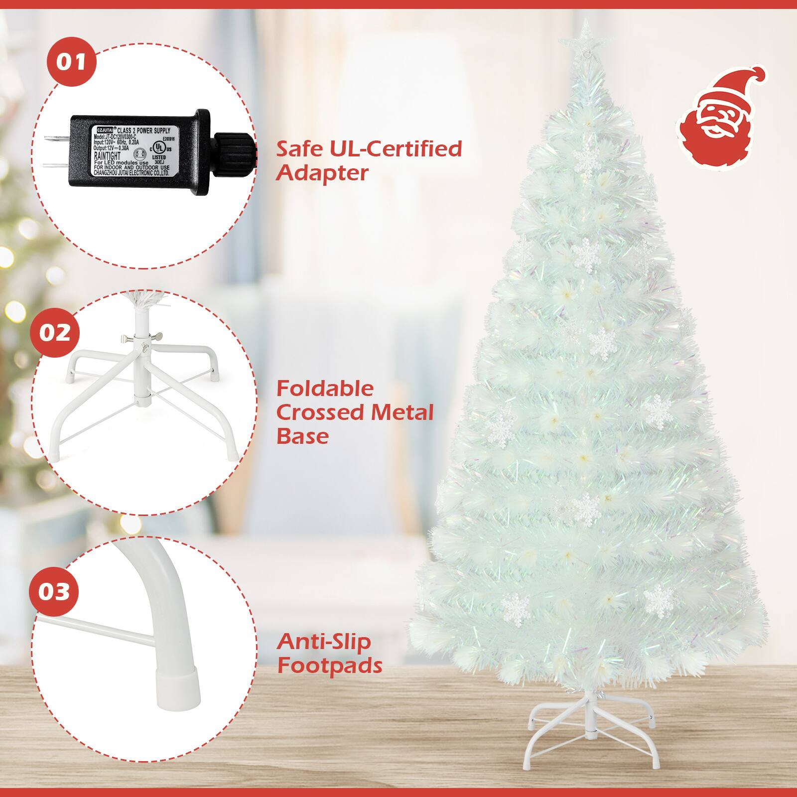 01 Safe UL-Certified Adapter  
02 Foldable Crossed Metal Base  
03 Anti-Slip Footpads