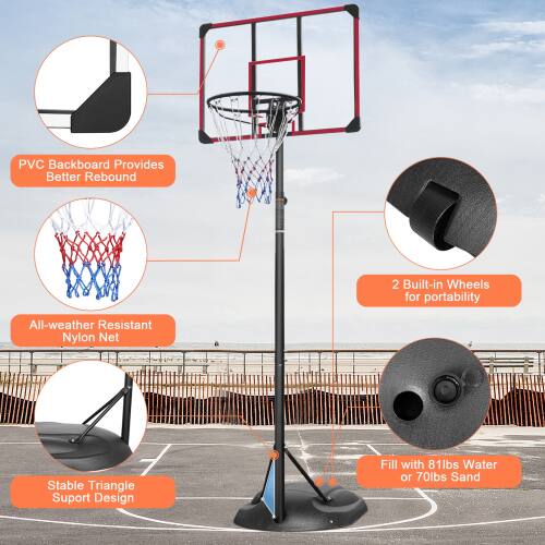 - PVC Backboard Provides Better Rebound
- All-weather Resistant Nylon Net
- 2 Built-in Wheels for Portability
- Stable Triangle Support Design
- Fill with 81lbs Water or 70lbs Sand