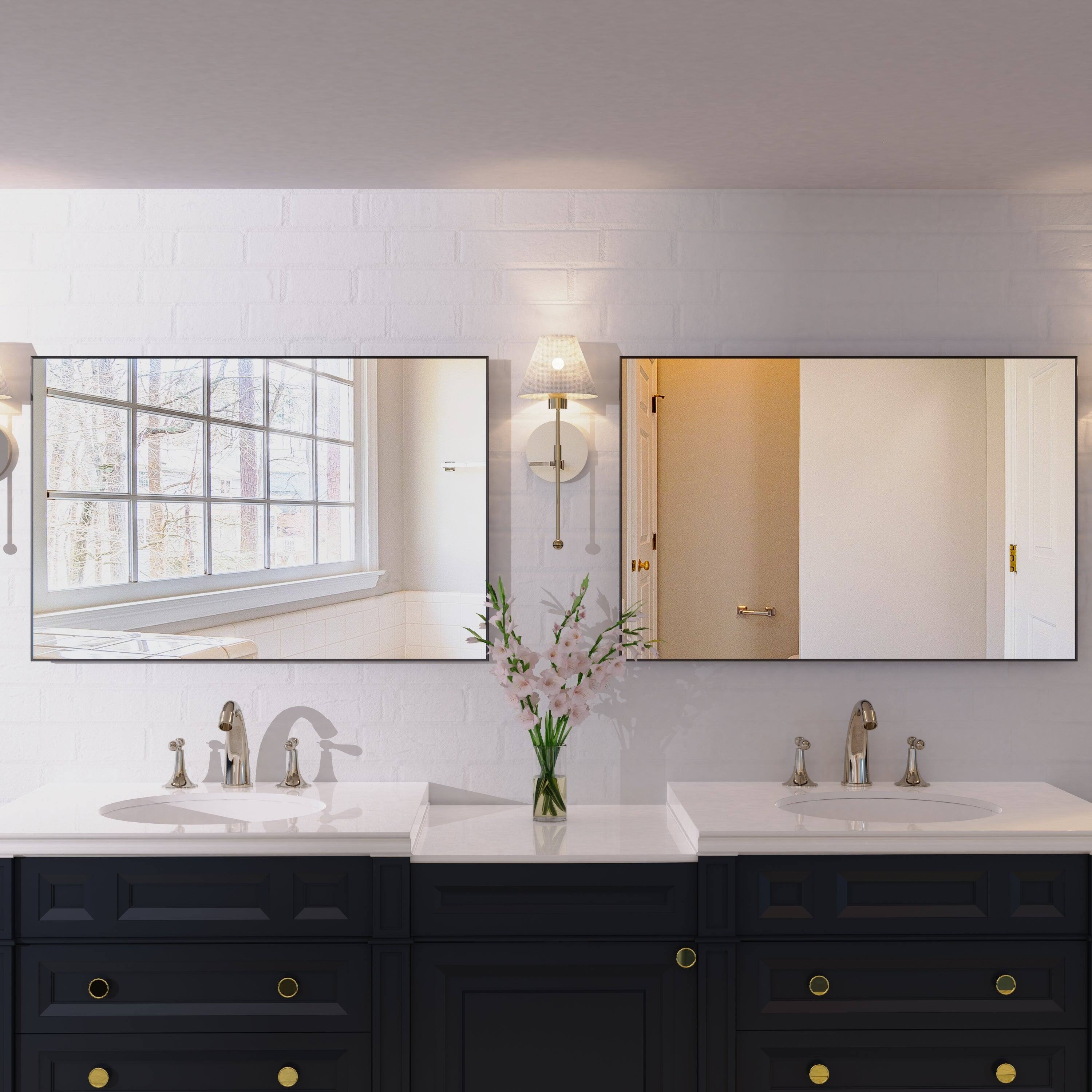 Back. BreeBe - 36" x 24" Modern Black Bathroom Mirror with Aluminum Frame, Vertical or Horizontal Hanging Decorative Wall Mirror - Black.