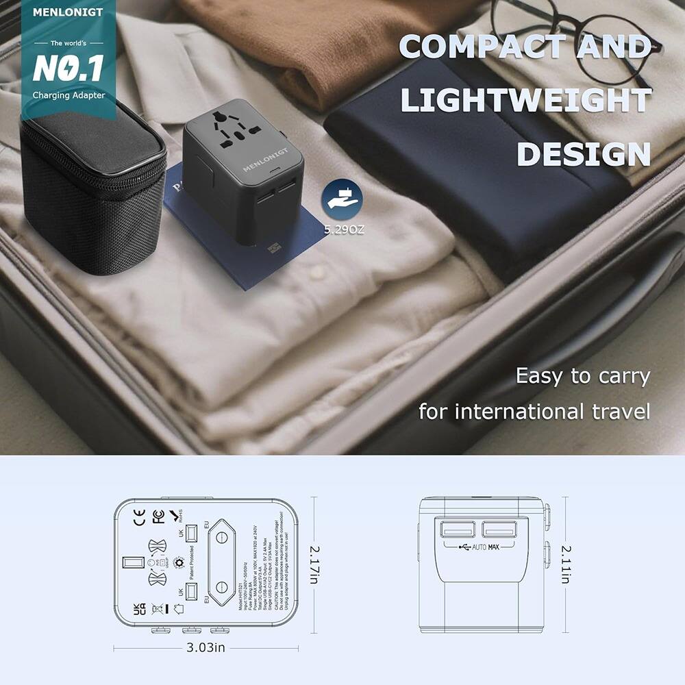 MENLONIGHT  
The world's NO.1 Charging Adapter  

COMPACT AND LIGHTWEIGHT DESIGN  

Easy to carry for international travel  

5.29OZ  

2.17in  
2.11in  
3.03in