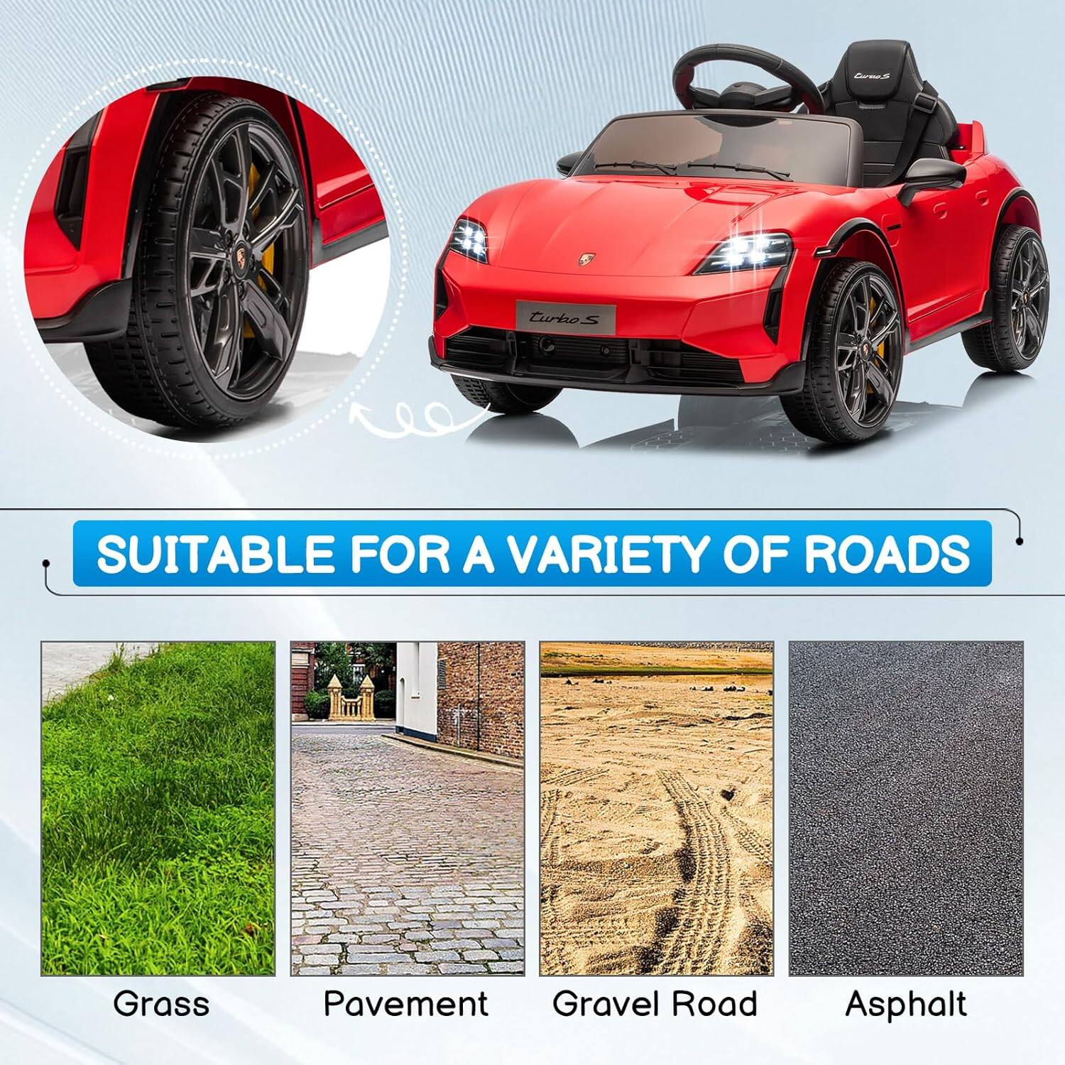 SUITABLE FOR A VARIETY OF ROADS

Grass  
Pavement  
Gravel Road  
Asphalt
