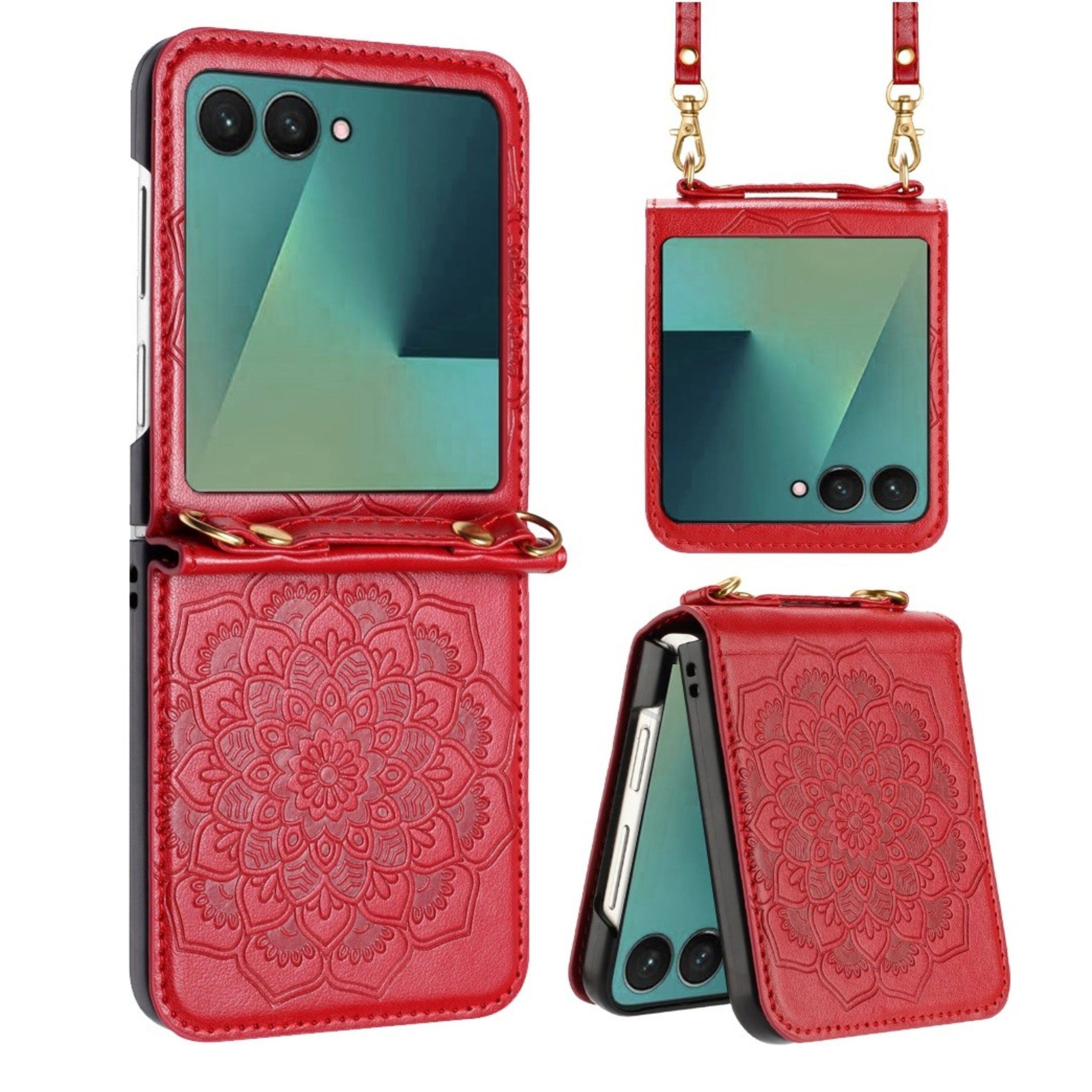 Angle. Kitcheniva - Embossed Design Vegan Leather Case With Tempered Glass For Samsung Galaxy Z Flip7 Red - Red.