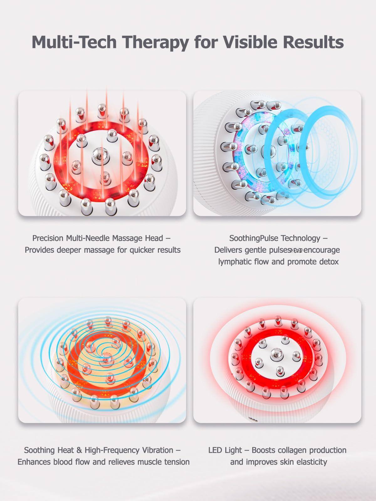 Multi-Tech Therapy for Visible Results

Precision Multi-Needle Massage Head –  
Provides deeper massage for quicker results

SoothingPulse Technology –  
Delivers gentle pulses to encourage lymphatic flow and promote detox

Soothing Heat & High-Frequency Vibration –  
Enhances blood flow and relieves muscle tension

LED Light – Boosts collagen production and improves skin elasticity