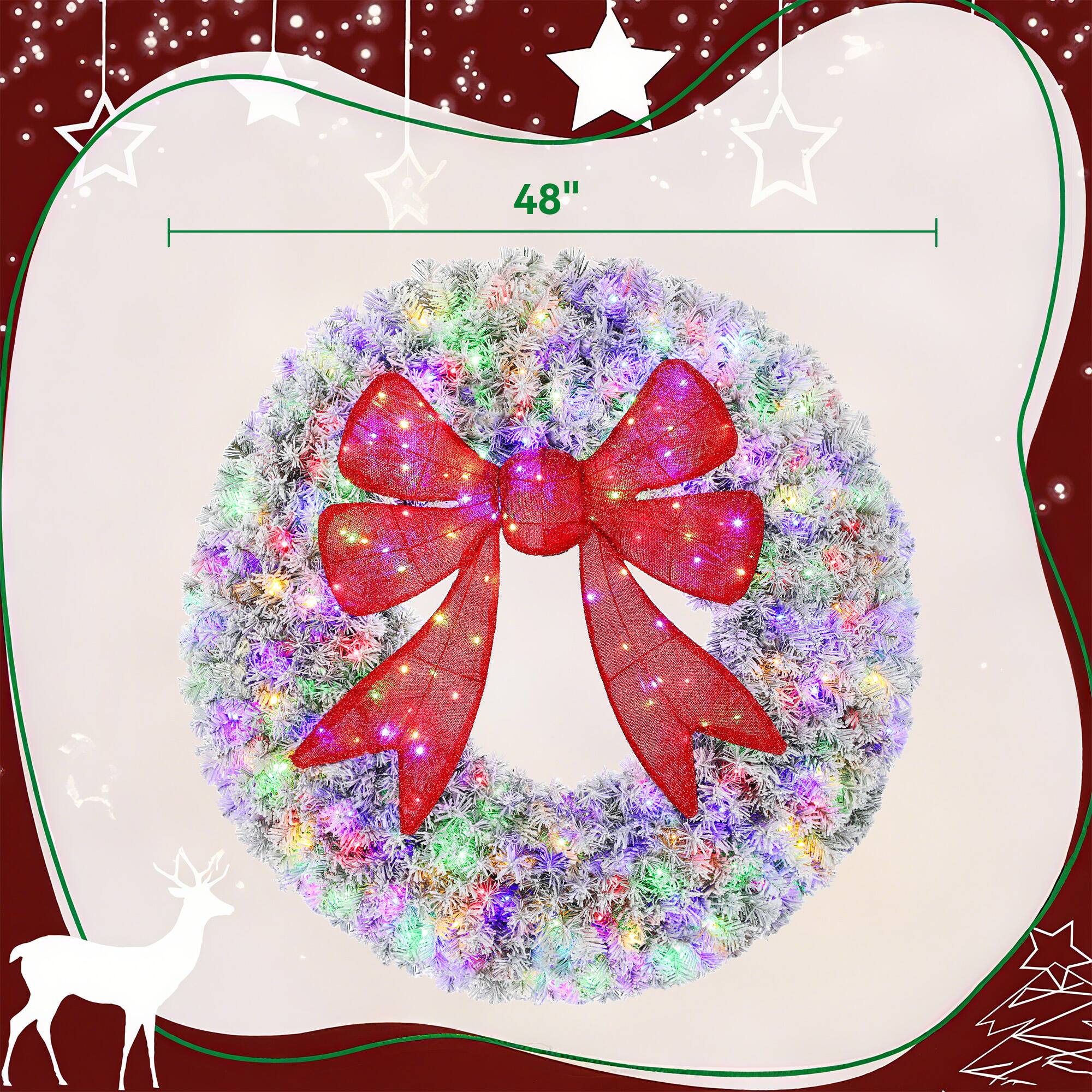 Alt View 2. Homcom - 48in Flocked Pre-Lit Xmas Wreath, 3D Red Bow, 11 Modes & Remote, 200 LEDs, 702 Tips, Indoor Outdoor - Green.