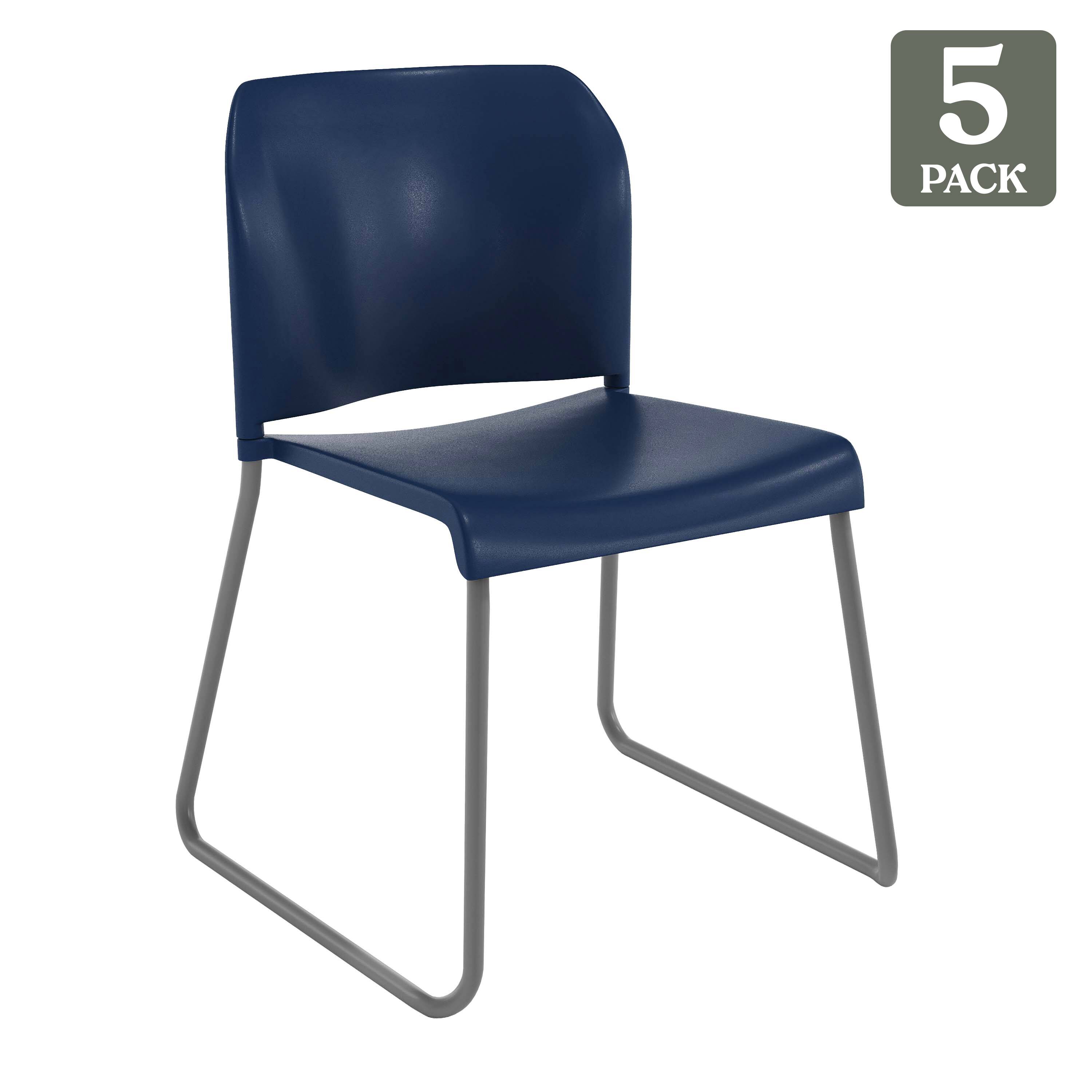 Alt View 1. Emma + Oliver - Calliope Set of 5 Stackable Office Reception Chairs with Chrome Sled Bases - Navy Plastic/Gray Frame.