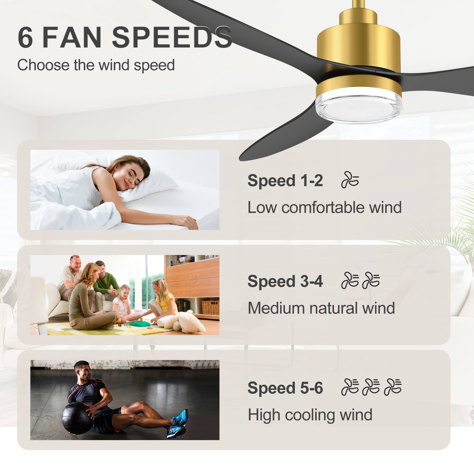 6 FAN SPEEDS  
Choose the wind speed

Speed 1-2  
Low comfortable wind

Speed 3-4  
Medium natural wind

Speed 5-6  
High cooling wind