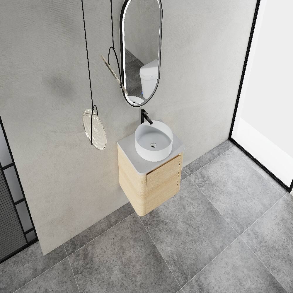 Alt View 4. Loheer - Loheer 24 inch wall mounted bathroom vanity with ceramic art sink soft close door plywood bathroom vanity - American White Oak.