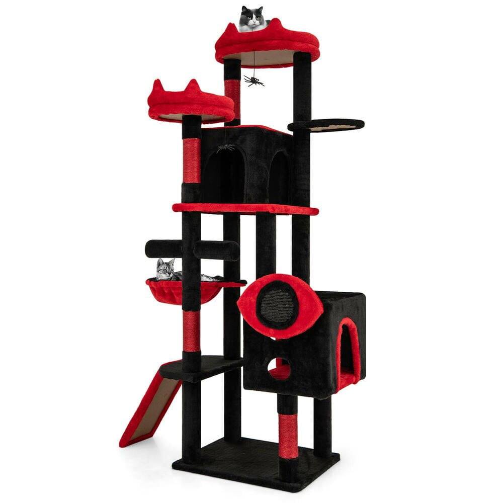 Alt View 4. Kadyn - Large Gothic Cat Tree with Enclosed Condos and Plush Perches, Black & Red - Black.