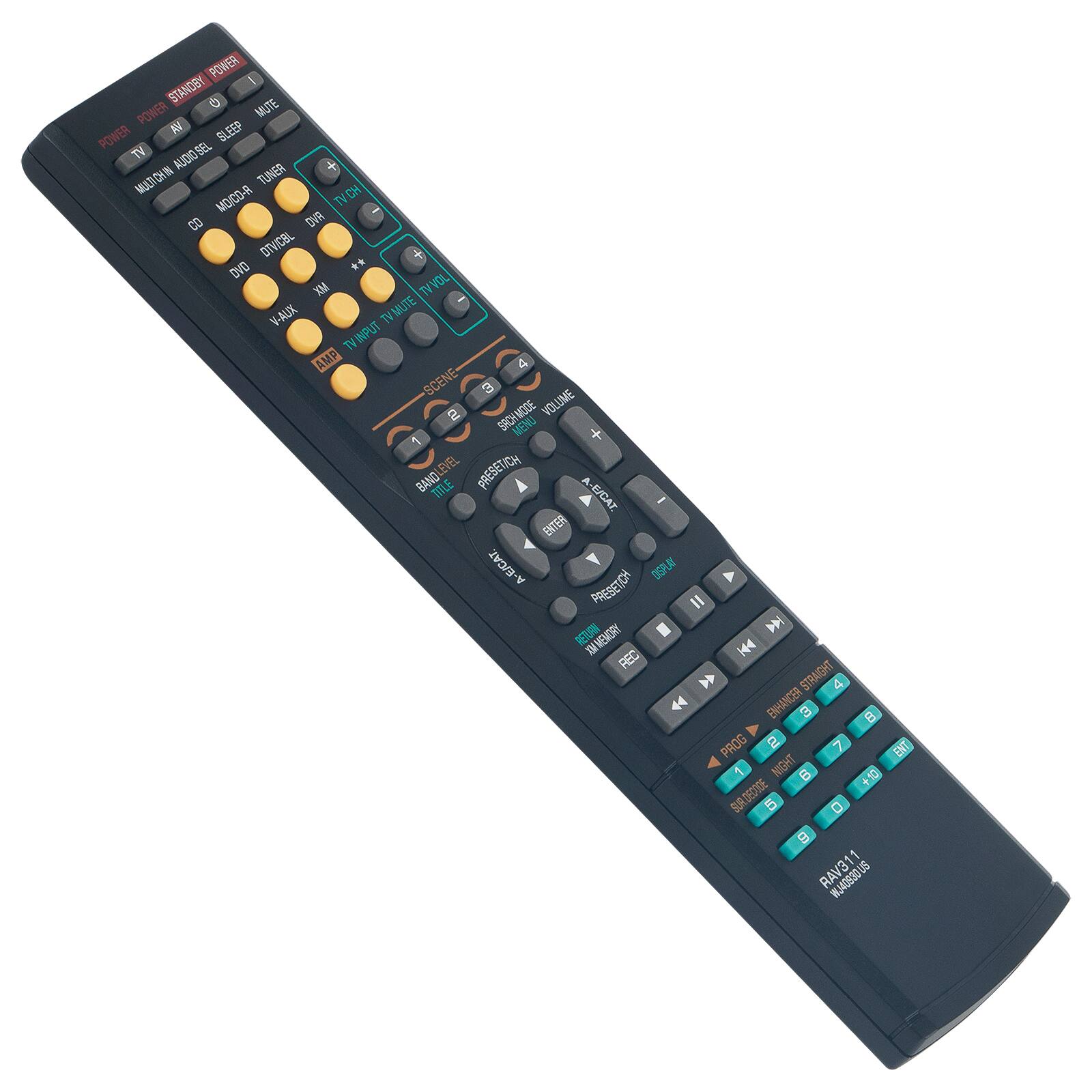 POWER STAND BY  
POWER MUTE  
TV  
AUDIO  
TVCH  
AUDIO TV  
TUNER  
CD  
DVD  
VCR  
TV MUTE  
TV VOL  
V-AUX  
TV MUTE  
TV INPUT  
AMP  
SCENE  
SRC MODE  
VOLUME  
PRESET  
BAND  
TLE  
E/GAT  
ENTER  
DSP  
PRESET  
RETURN  
MEMORY  
REC  
STRAIGHT  
ENHANCER  
PROG  
NIGHT  
SURROUND  
RAV311  
WJ40830U5