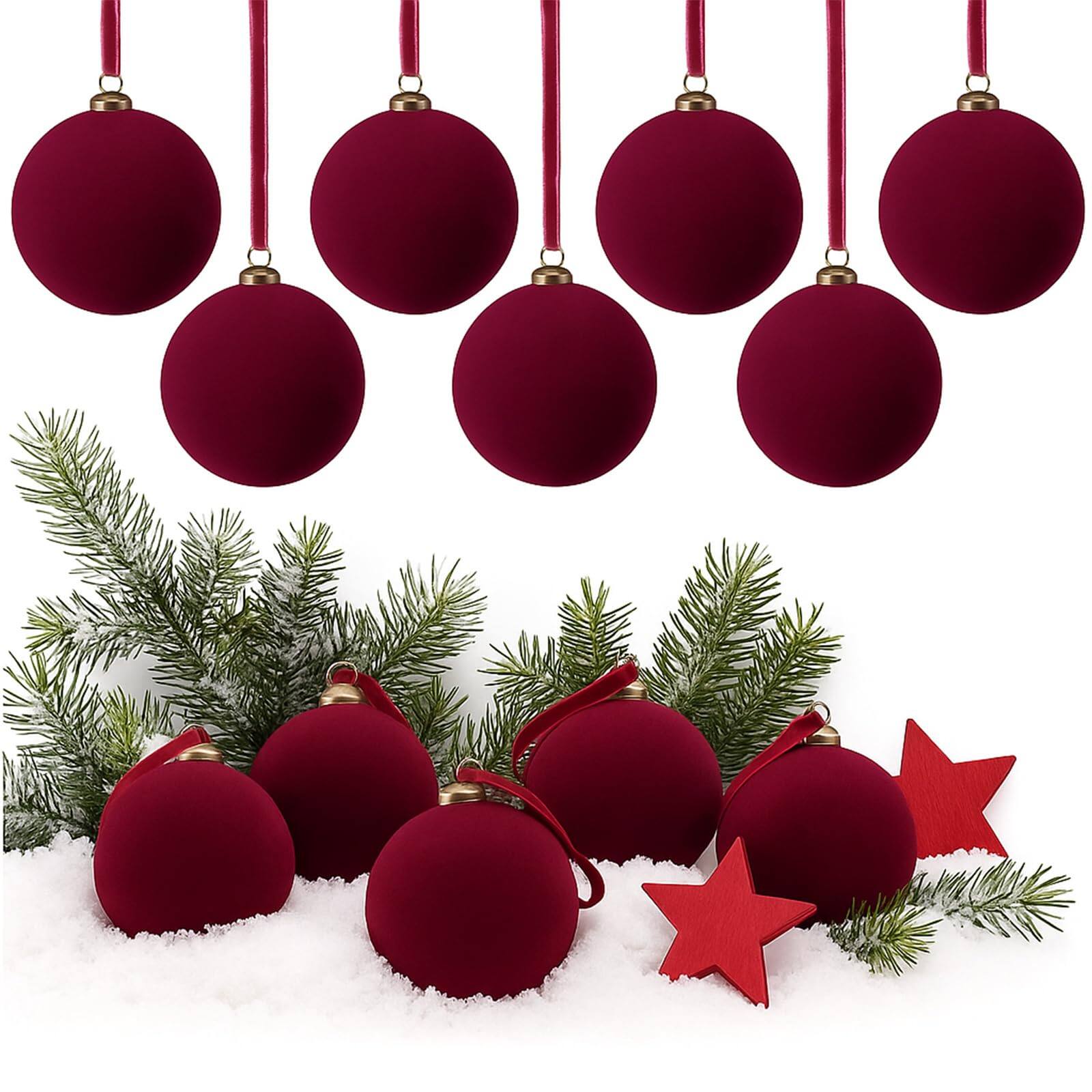 Stylel Star - 32 Christmas Balls Bulk - 3.15 Inch Flocked Tree Ball Ornaments Xmas Shatterproof Hanging For Garland - Burgundy