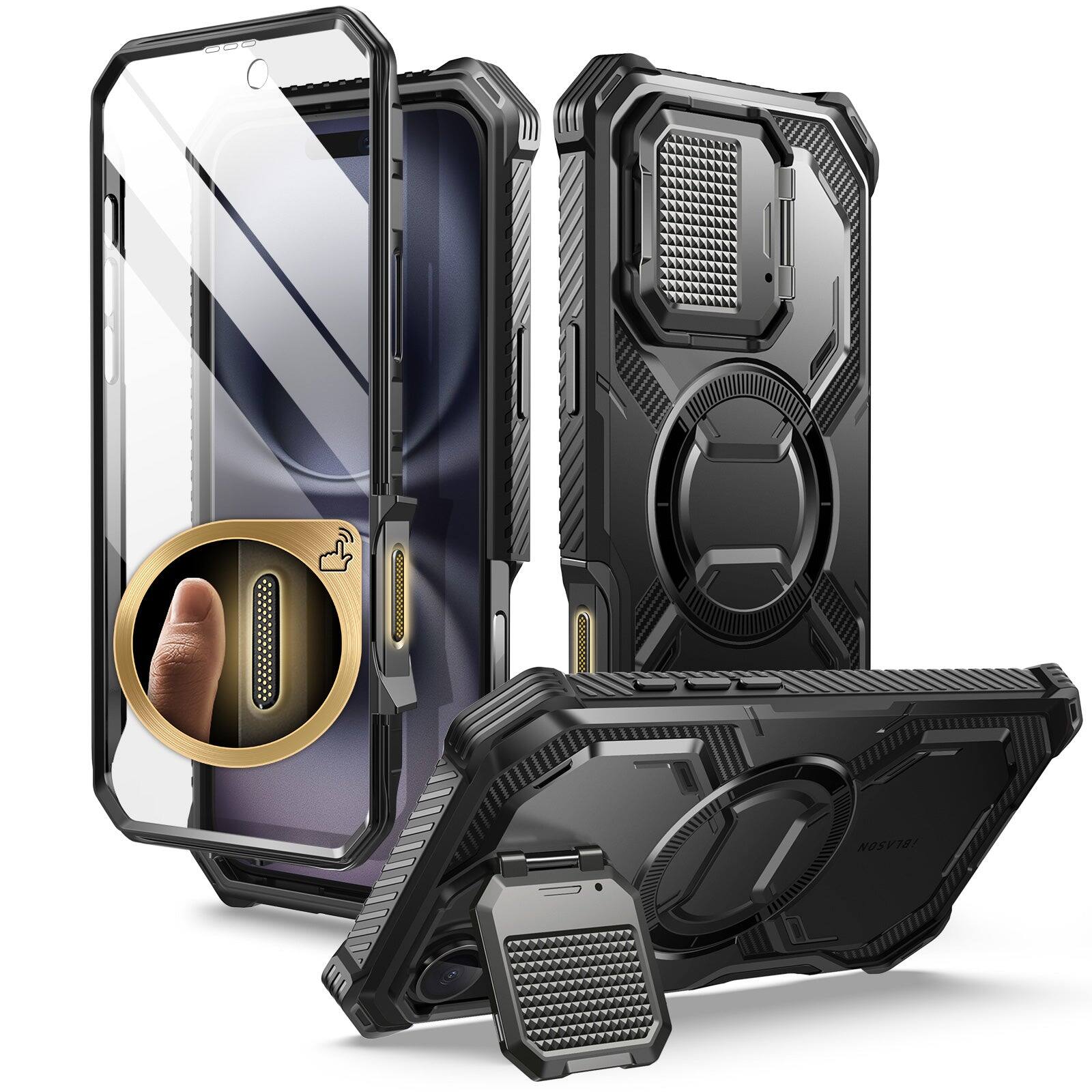 Angle. i-Blason - i-Blason Armorbox Case for iPhone 16 Plus – MagSafe, Kickstand, Screen Protector, Military-Grade - Black.