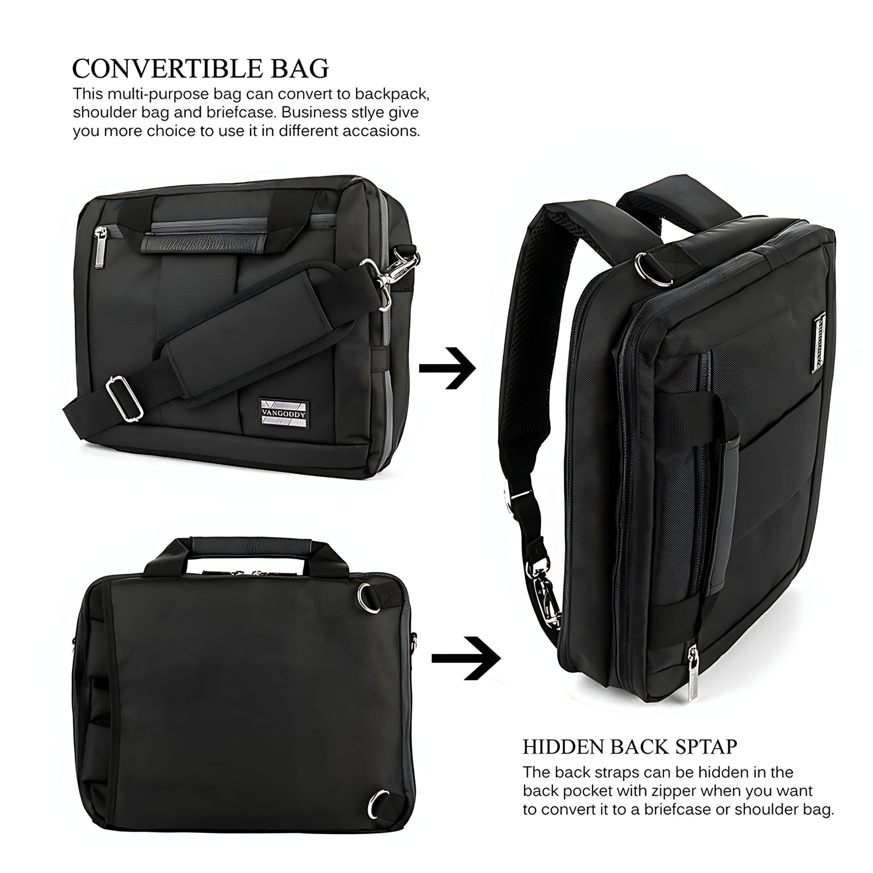 CONVERTIBLE BAG  
This multi-purpose bag can convert to backpack, shoulder bag and briefcase. Business style give you more choice to use it in different occasions.

HIDDEN BACK STRAP  
The back straps can be hidden in the back pocket with zipper when you want to convert it to a briefcase or shoulder bag.