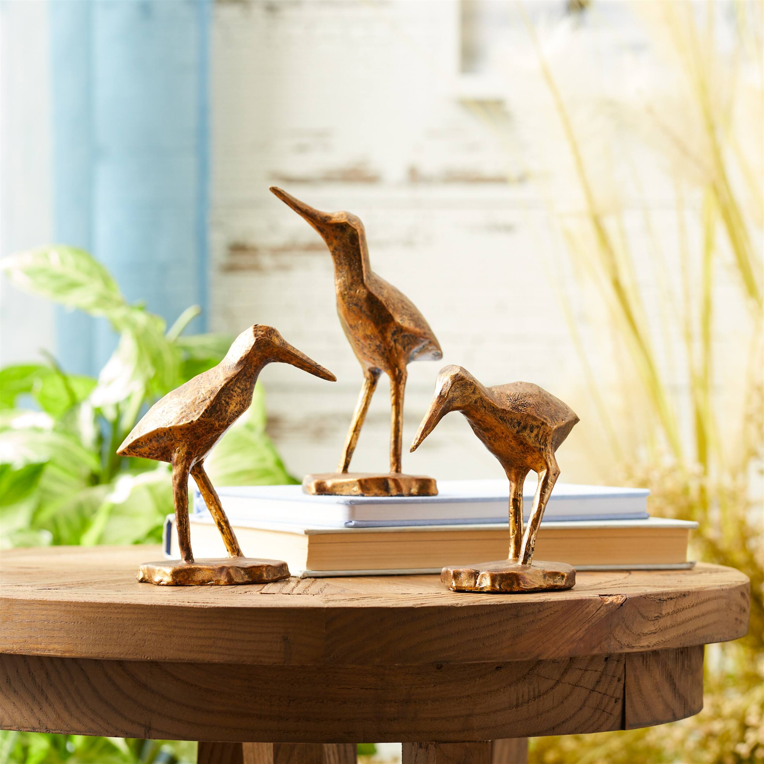 Angle. BreeBe - Modern Sea Bird Figurine (Set of 3) - Brown, Gold.