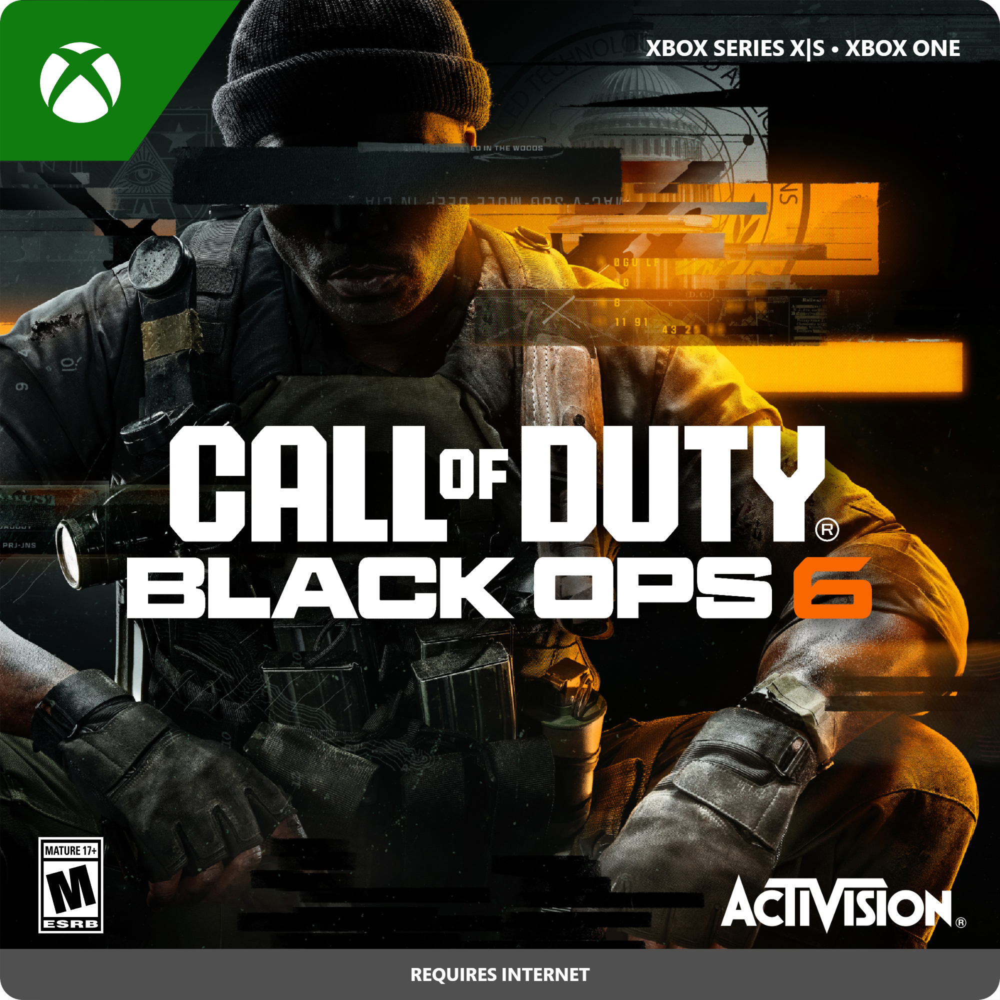 Xbox Series X|S is the new console from Microsoft. The image features a man in military gear, possibly a soldier, sitting on the ground with a gun in his hand. The game being advertised is Call of Duty: Black Ops 6, which is rated Mature 17+ by the ESRB and requires internet access. The image is promoting the game and encouraging people to play it.