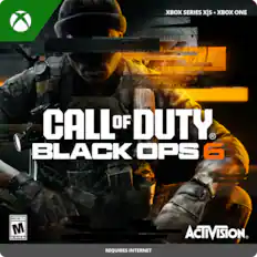 Xbox Series X|S is the new console from Microsoft. The image features a man in military gear, possibly a soldier, sitting on the ground with a gun in his hand. The game being advertised is Call of Duty: Black Ops 6, which is rated Mature 17+ by the ESRB and requires internet access. The image is promoting the game and encouraging people to play it.