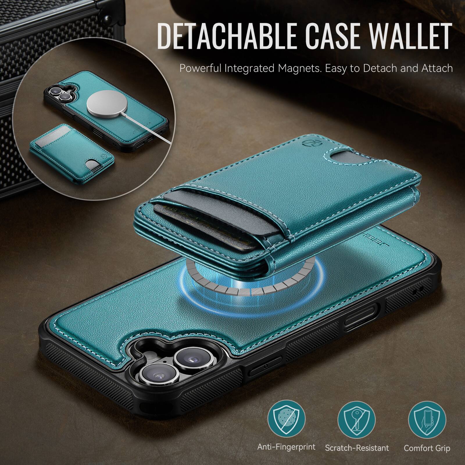 DETACHABLE CASE WALLET  
Powerful Integrated Magnets. Easy to Detach and Attach  

Anti-Fingerprint  
Scratch-Resistant  
Comfort Grip