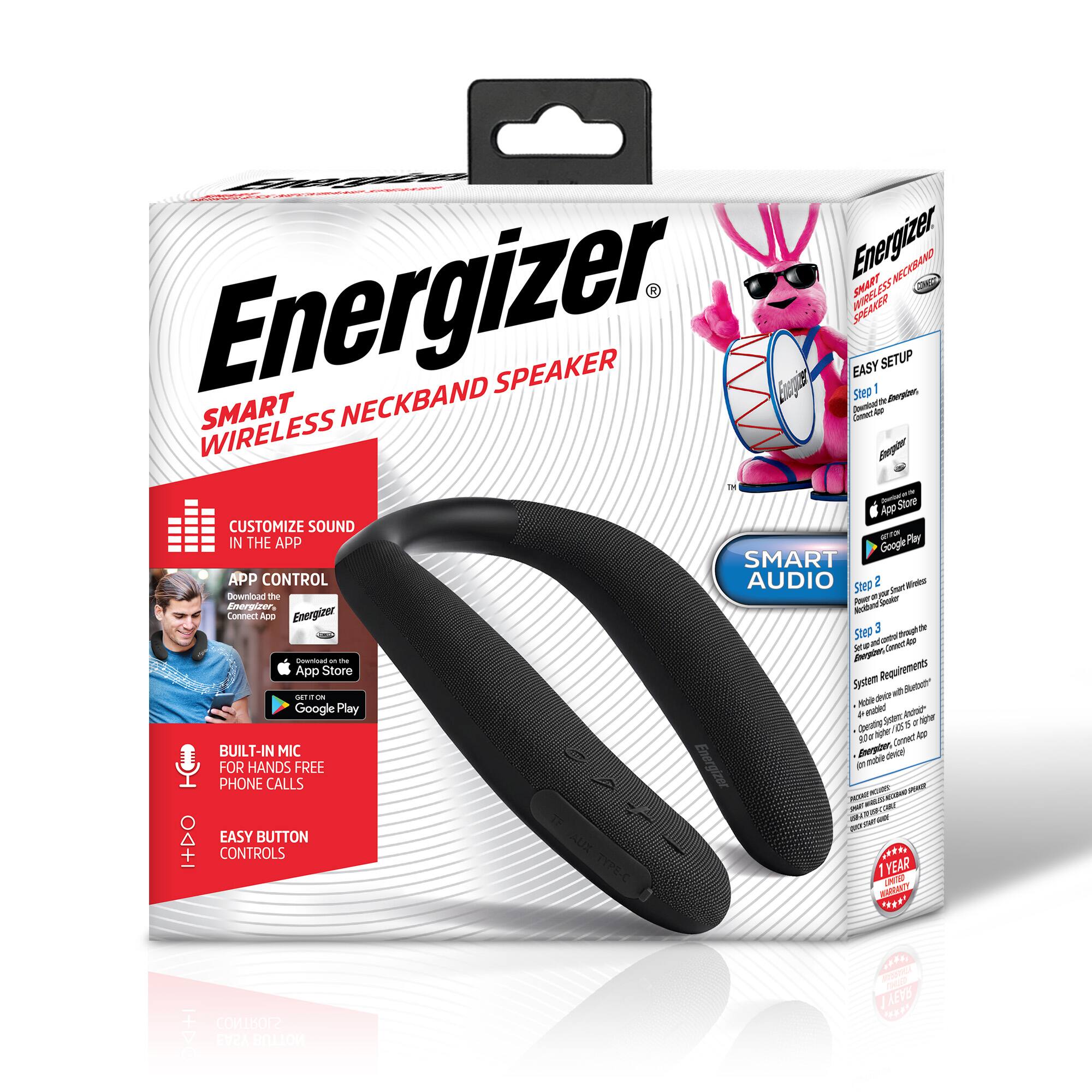 Energizer SMART NECKBAND SPEAKER

EASY SETUP
Step 1: Download the Energizer Power Connect App from the App Store or Google Play
Step 2: Connect the speaker to your mobile device
Step 3: Customize sound and control the speaker in the app

SMART AUDIO
- CUSTOMIZE SOUND IN THE APP
- APP CONTROL
- BUILT-IN MIC FOR HANDS FREE PHONE CALLS
- EASY BUTTON CONTROLS

1 YEAR LIMITED WARRANTY