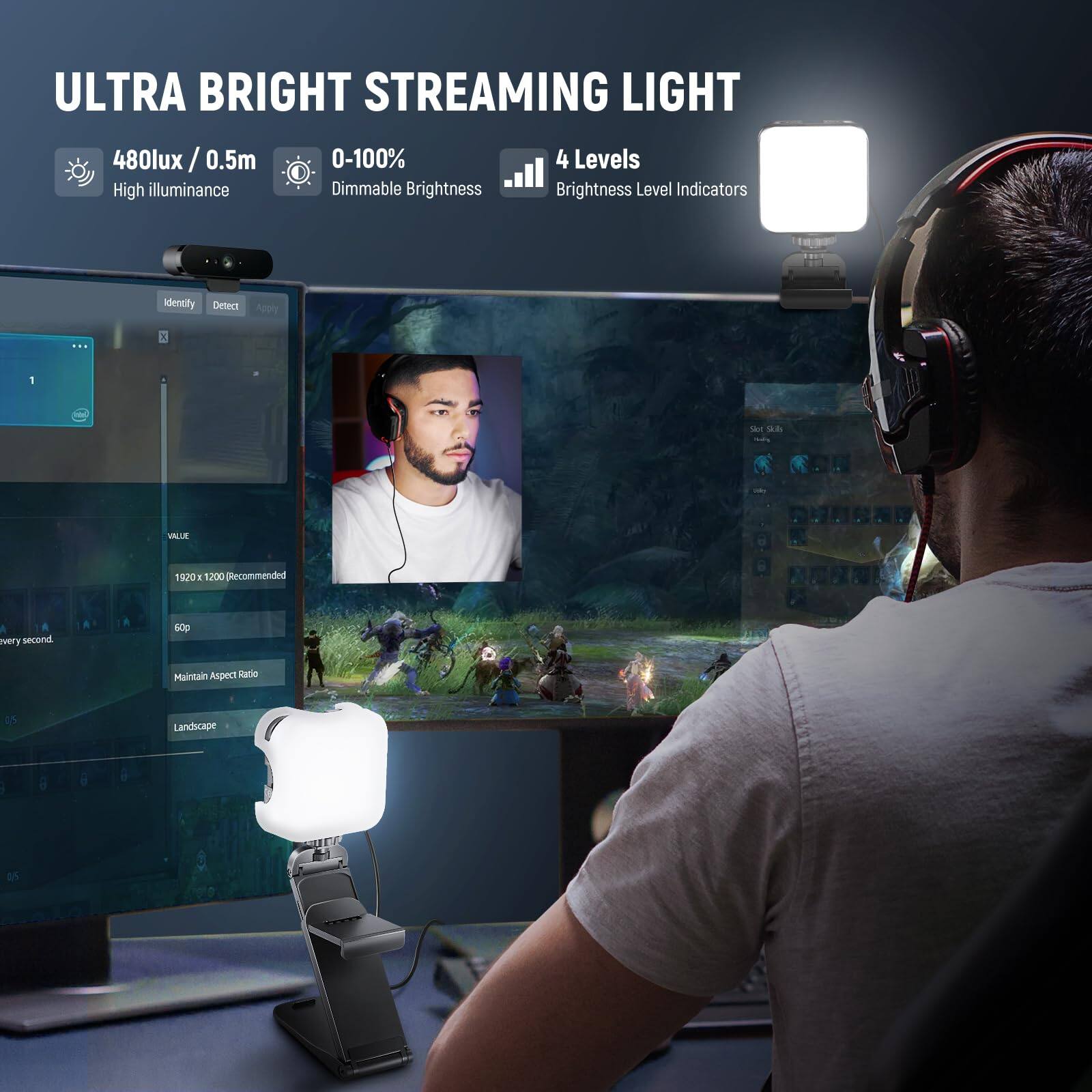 ULTRA BRIGHT STREAMING LIGHT  
480lux / 0.5m  
0-100%  
4 Levels  
High illuminance  
Dimmable Brightness  
Brightness Level Indicators  

Identify Detect Apply  
1 Skr s  
VALUE 1920X 1200  
Recommended every second 600  
Maintain Aspect Ratio  
Landscape