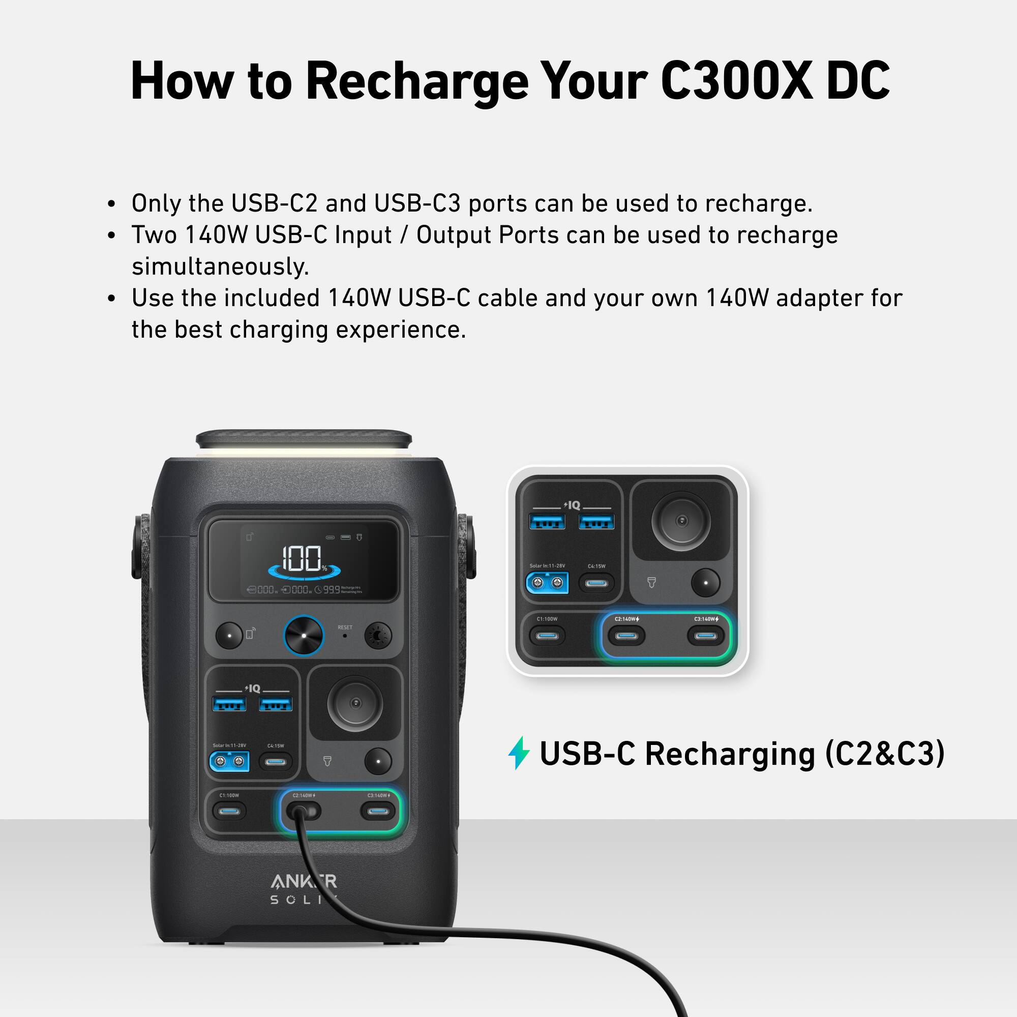 How to Recharge Your C300X DC

- Only the USB-C2 and USB-C3 ports can be used to recharge.
- Two 140W USB-C Input / Output Ports can be used to recharge simultaneously.
- Use the included 140W USB-C cable and your own 140W adapter for the best charging experience.

USB-C Recharging (C2&C3)