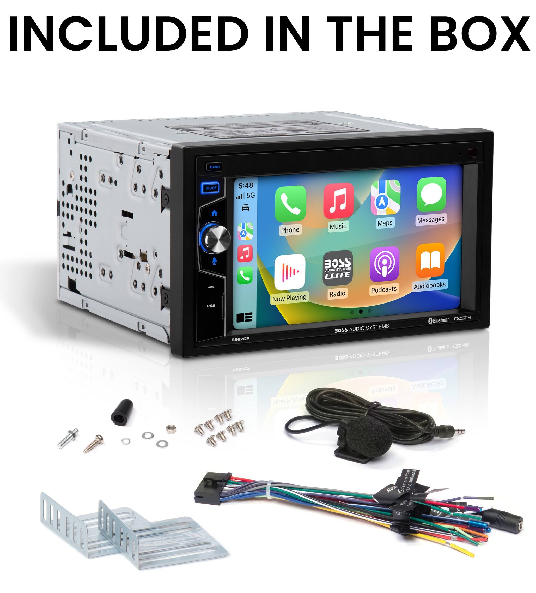 Included in the box is a band mode 5:48 5G phone, music, maps, messages, and now playing. The system also includes a STSOS MAMA ELITE radio, podcasts, audiobooks, and Bluetooth connectivity. The audio system is designed to provide a high-quality listening experience with its 807 Bluetooth capabilities.